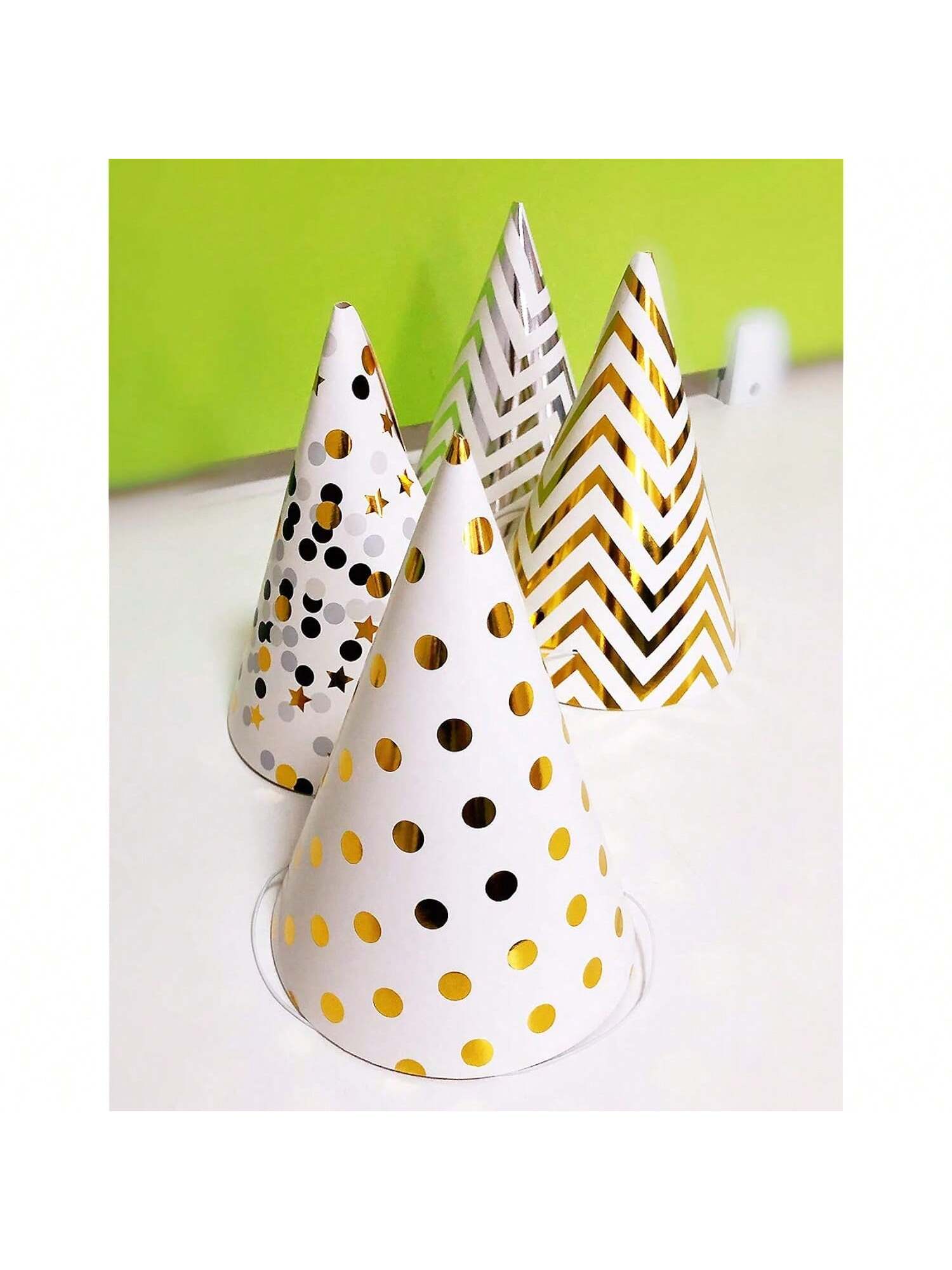 12PCS Party Hats Birthday Cone Set Gold Polka Dot Striped Paper Adults Party Decor