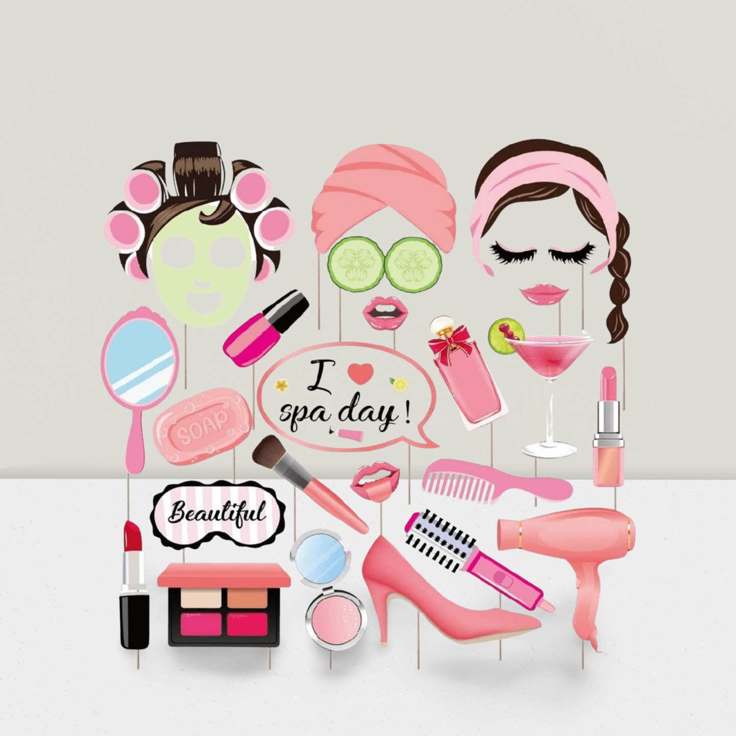 25-Pack Spa Photo Booth Props with Sticks for Makeup, Spa, or Birthday Parties
