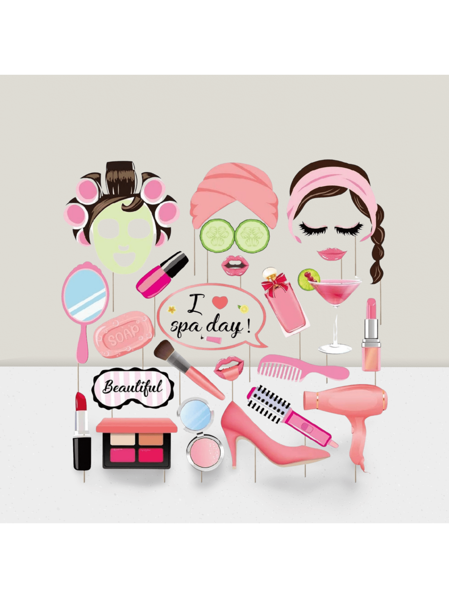 25-Pack Spa Photo Booth Props with Sticks for Makeup, Spa, or Birthday Parties