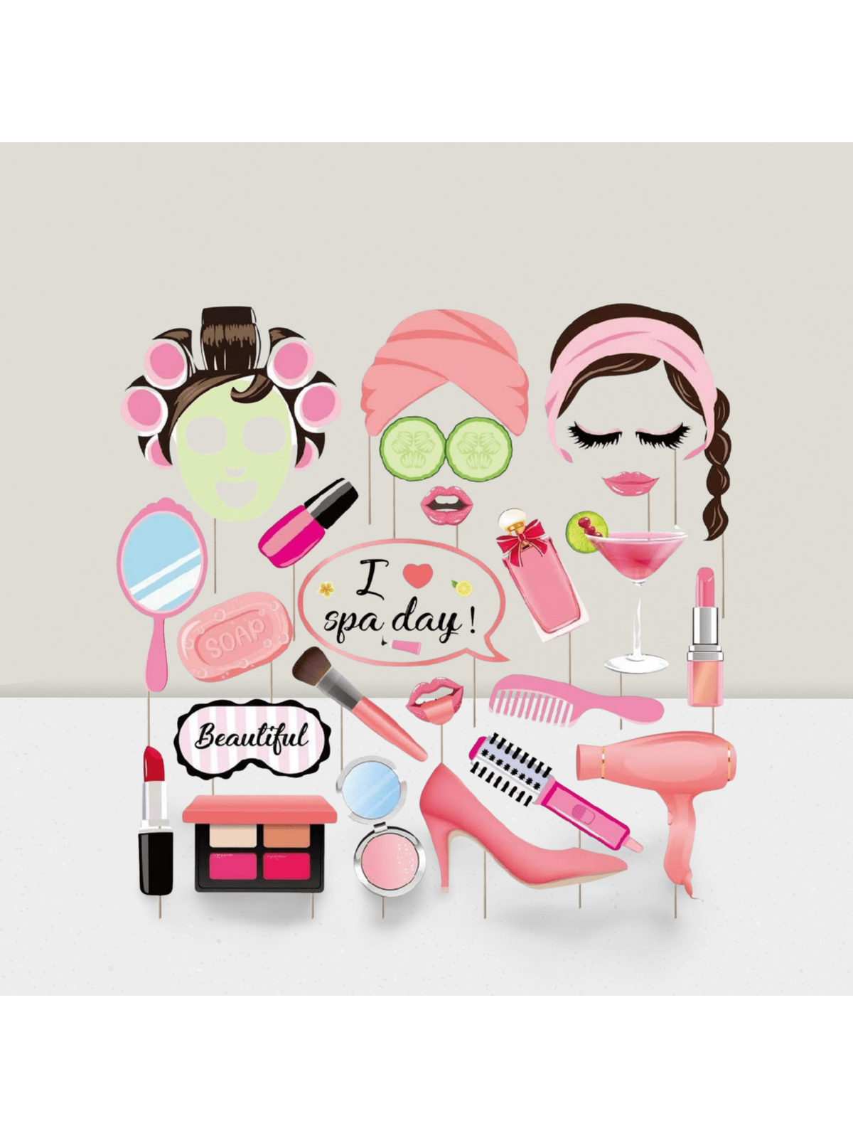 25-Pack Spa Photo Booth Props with Sticks for Makeup, Spa, or Birthday Parties