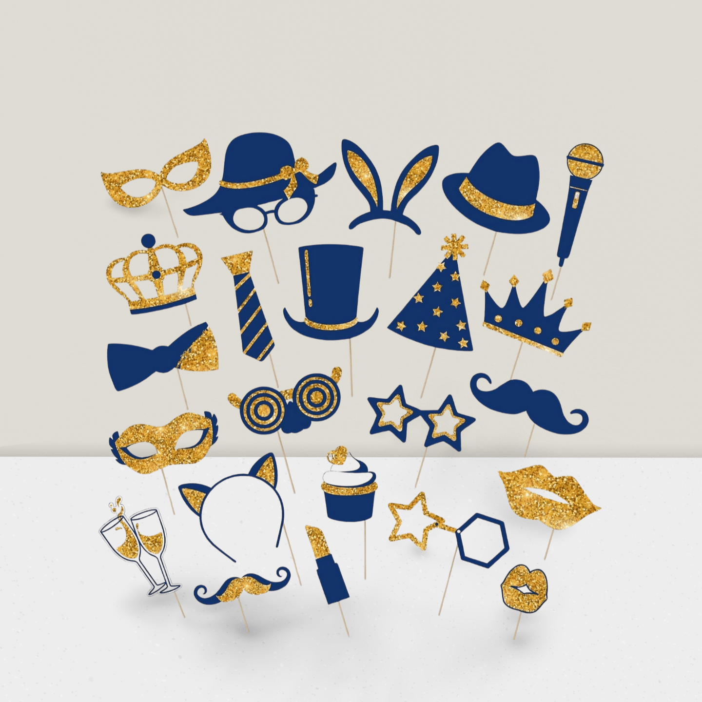 24-Pc Funny Photo Booth Props Gold and Navy Hats Lips Ties Crowns for Parties