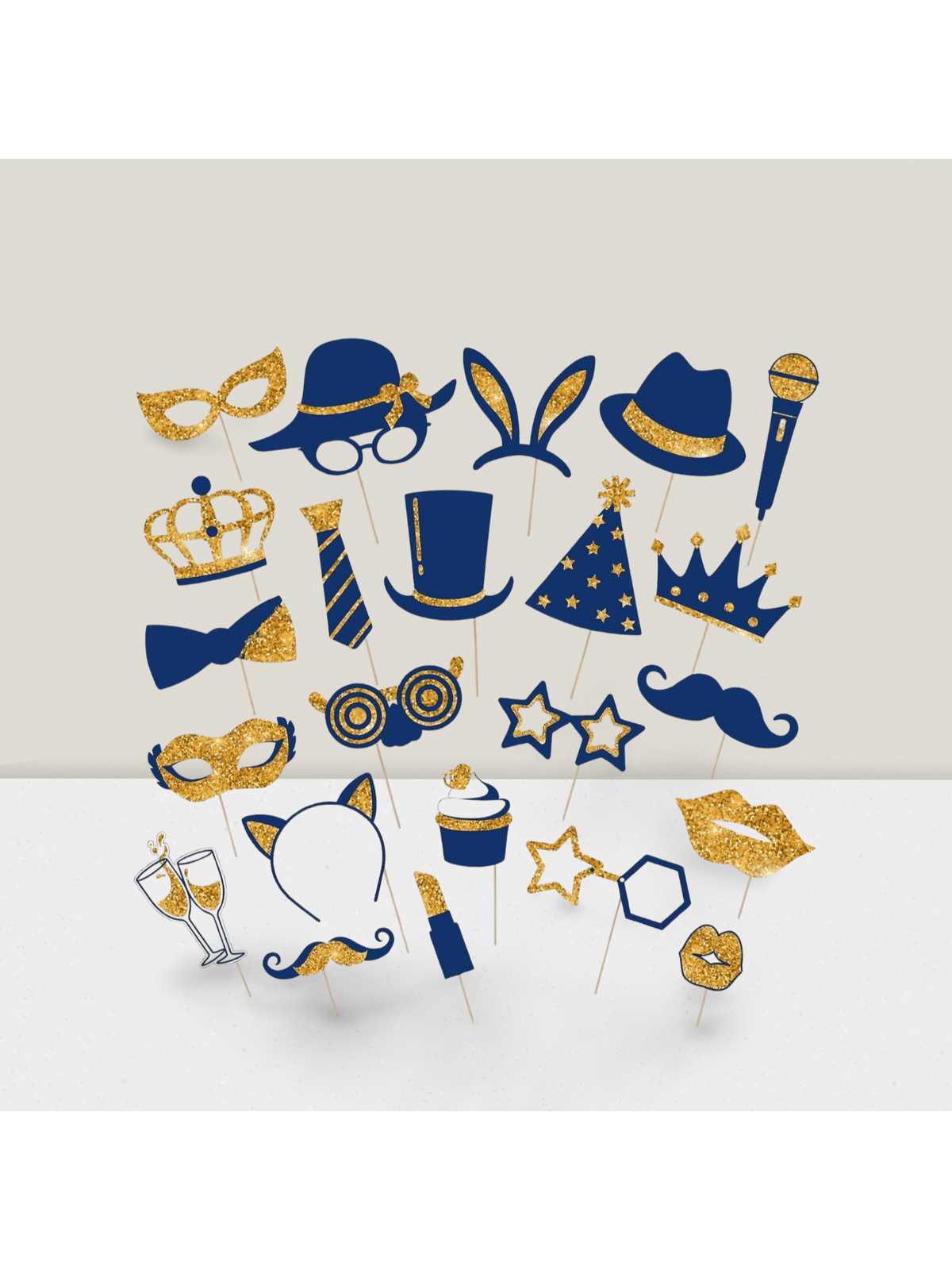 24-Pc Funny Photo Booth Props Gold and Navy Hats Lips Ties Crowns for Parties