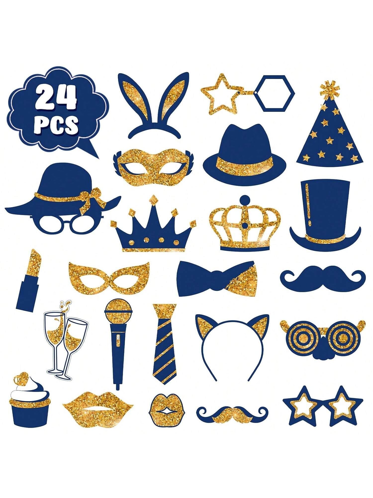 24-Pc Funny Photo Booth Props Gold and Navy Hats Lips Ties Crowns for Parties