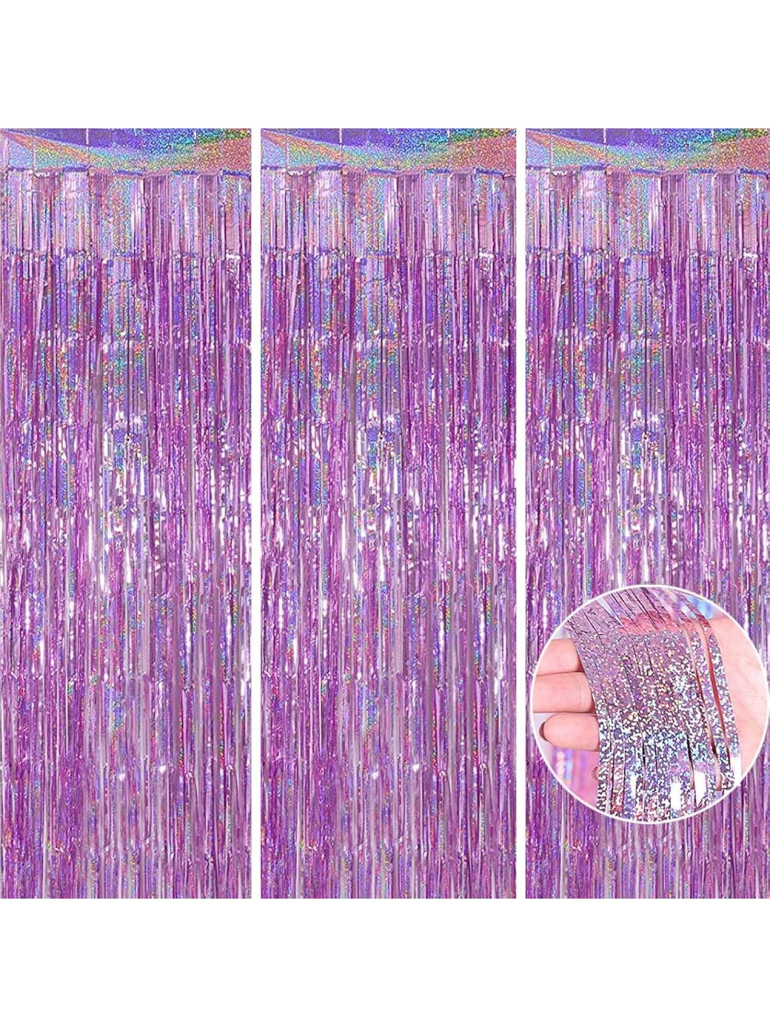 3-Pack Purple Tinsel Fringe Curtains for Parties Weddings and Photo Booths