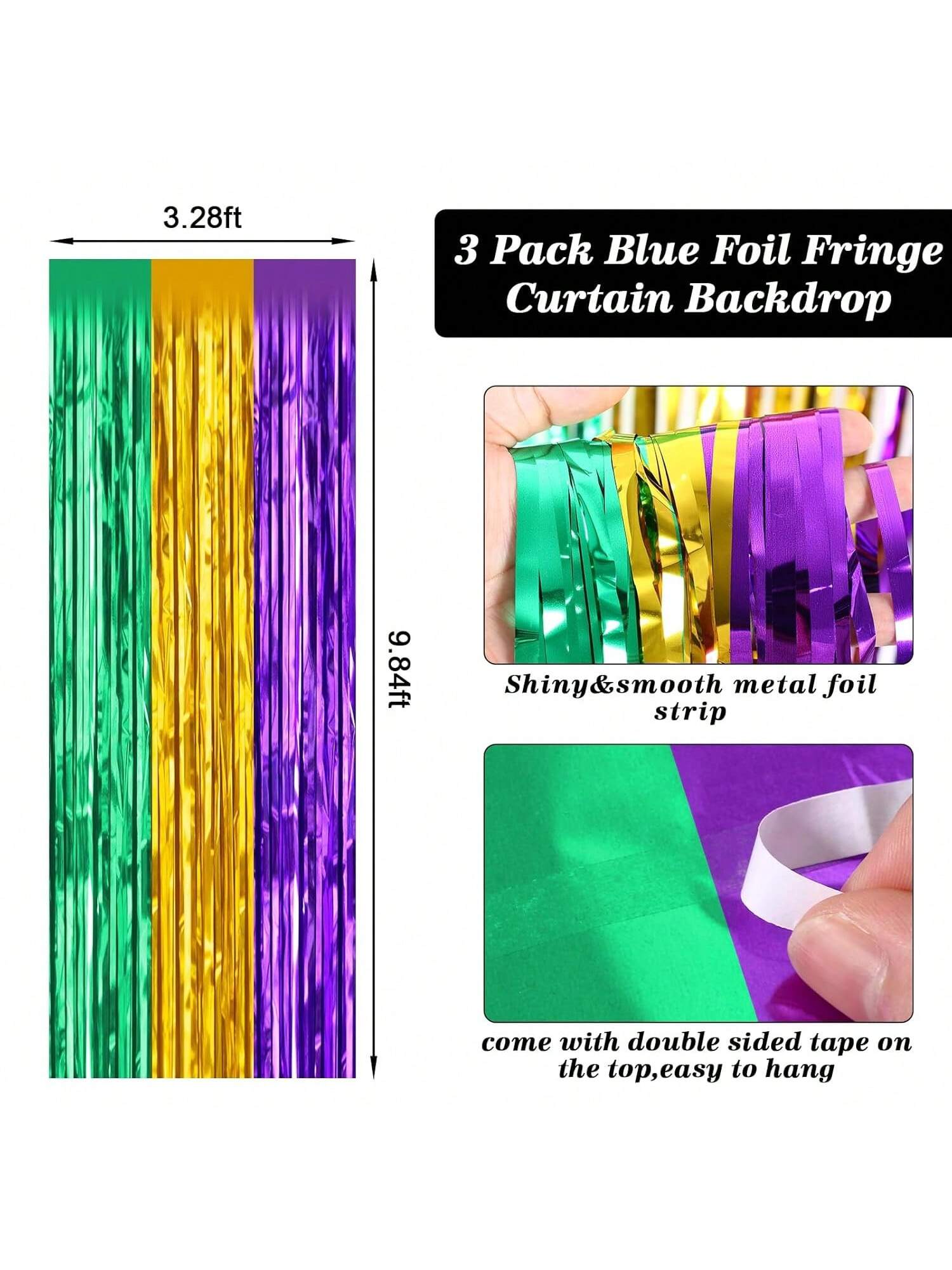 2 Pack Mardi Gras Backdrops 3.28x8.2ft Purple Green Gold Foil Tinsel for Party