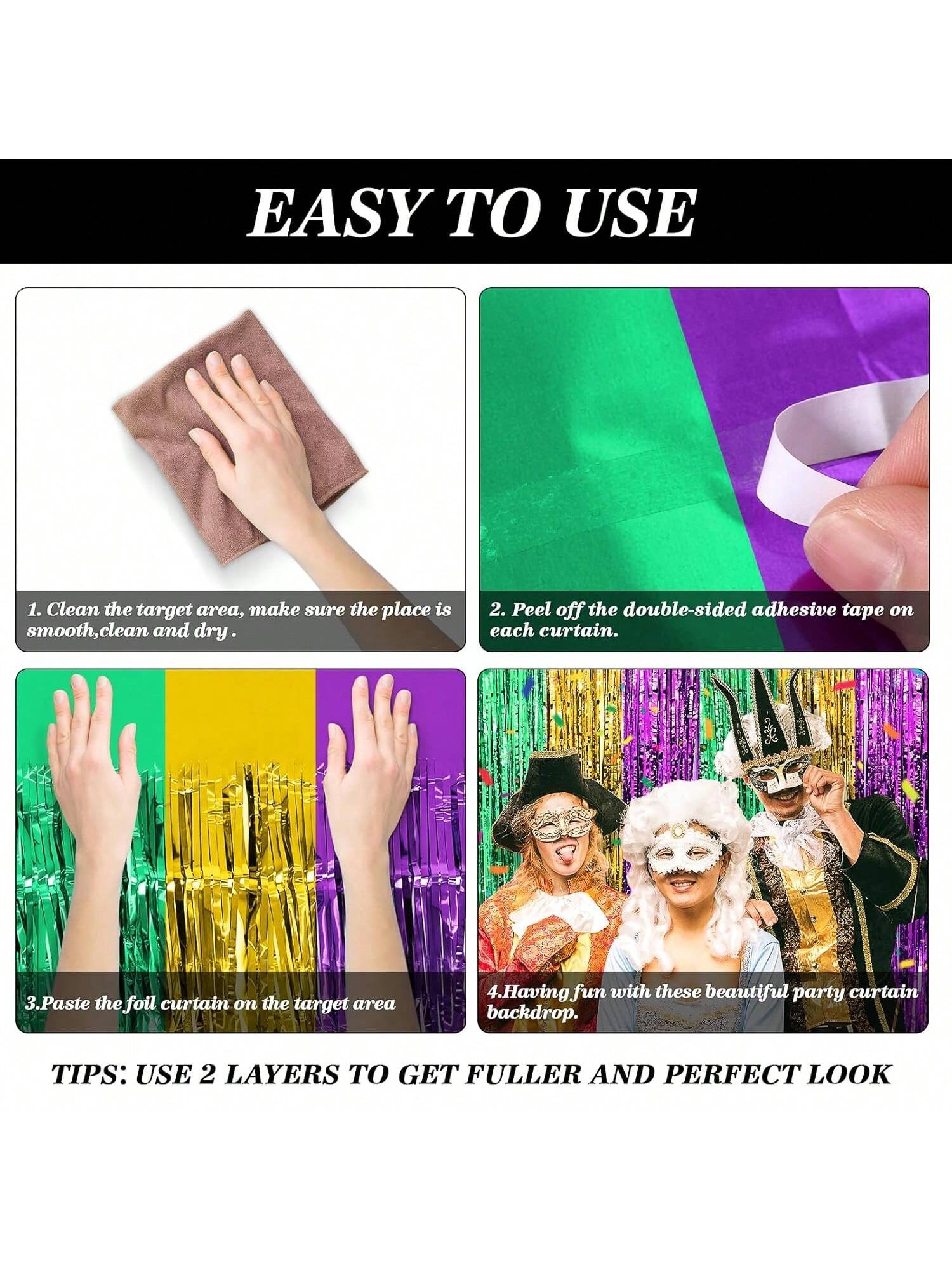 2 Pack Mardi Gras Backdrops 3.28x8.2ft Purple Green Gold Foil Tinsel for Party