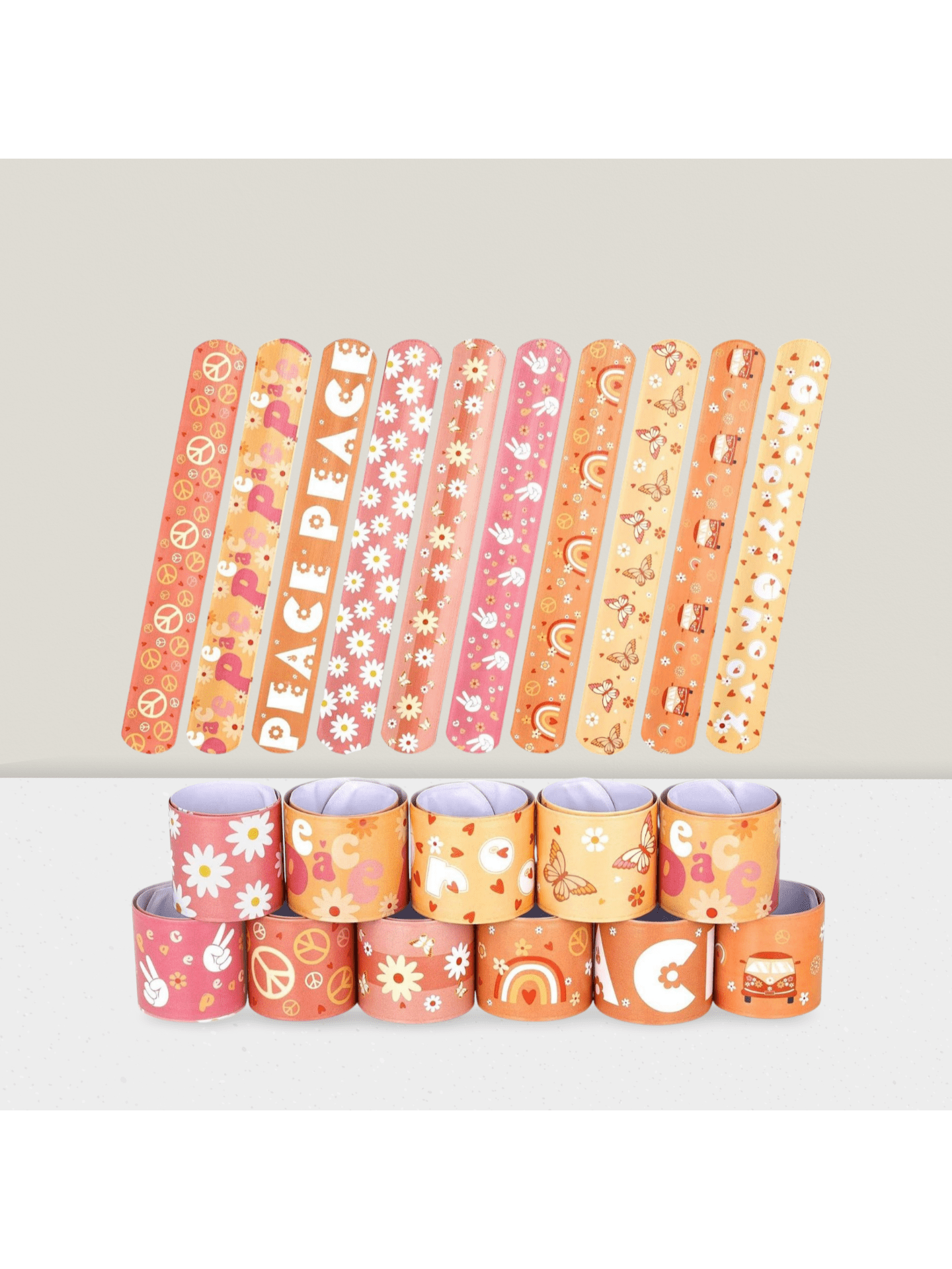 40-Pack Groovy Hippie Boho Slap Bracelets with Rainbow, Butterfly, and Daisy Designs