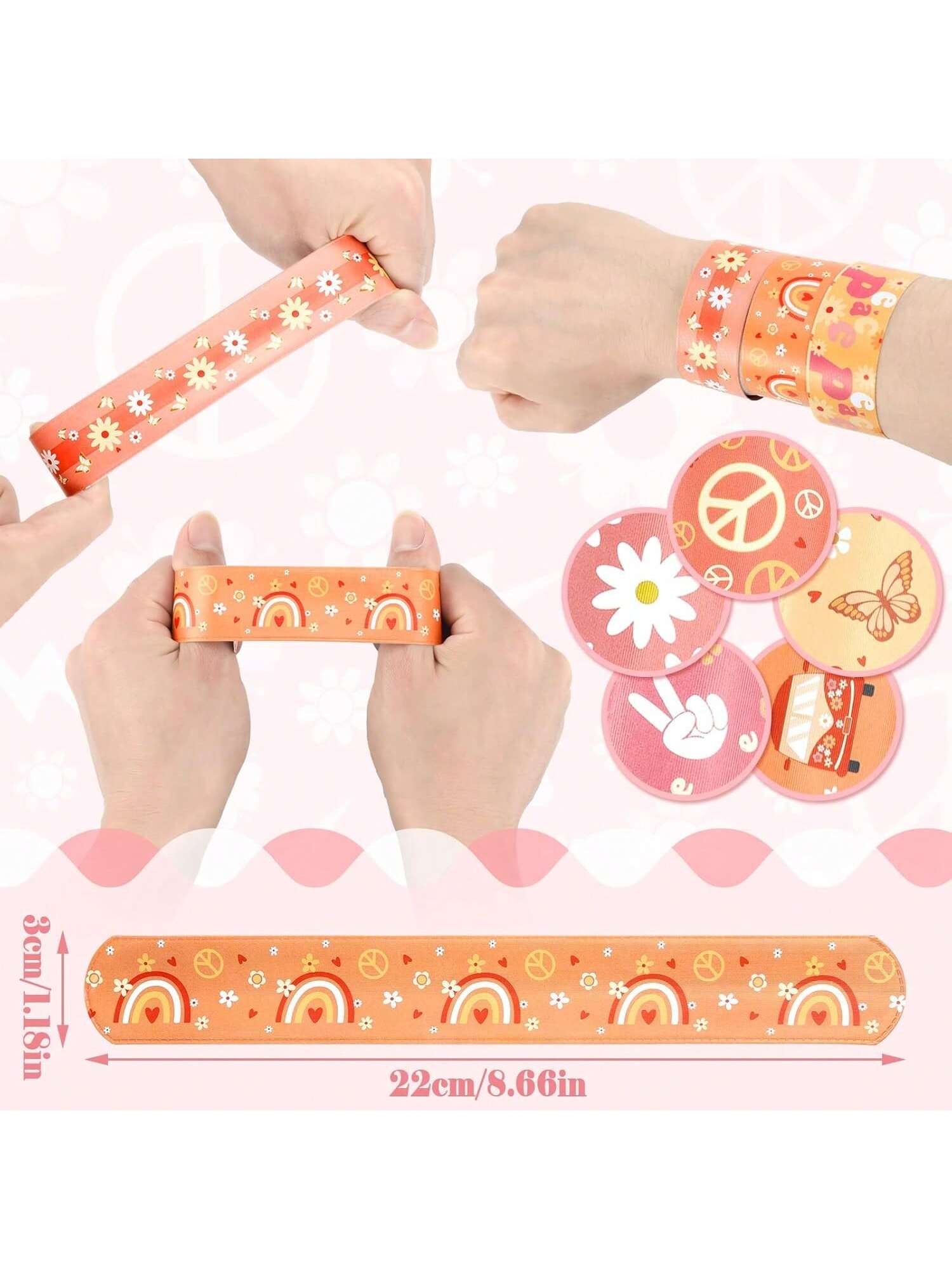 40-Pack Groovy Hippie Boho Slap Bracelets with Rainbow, Butterfly, and Daisy Designs