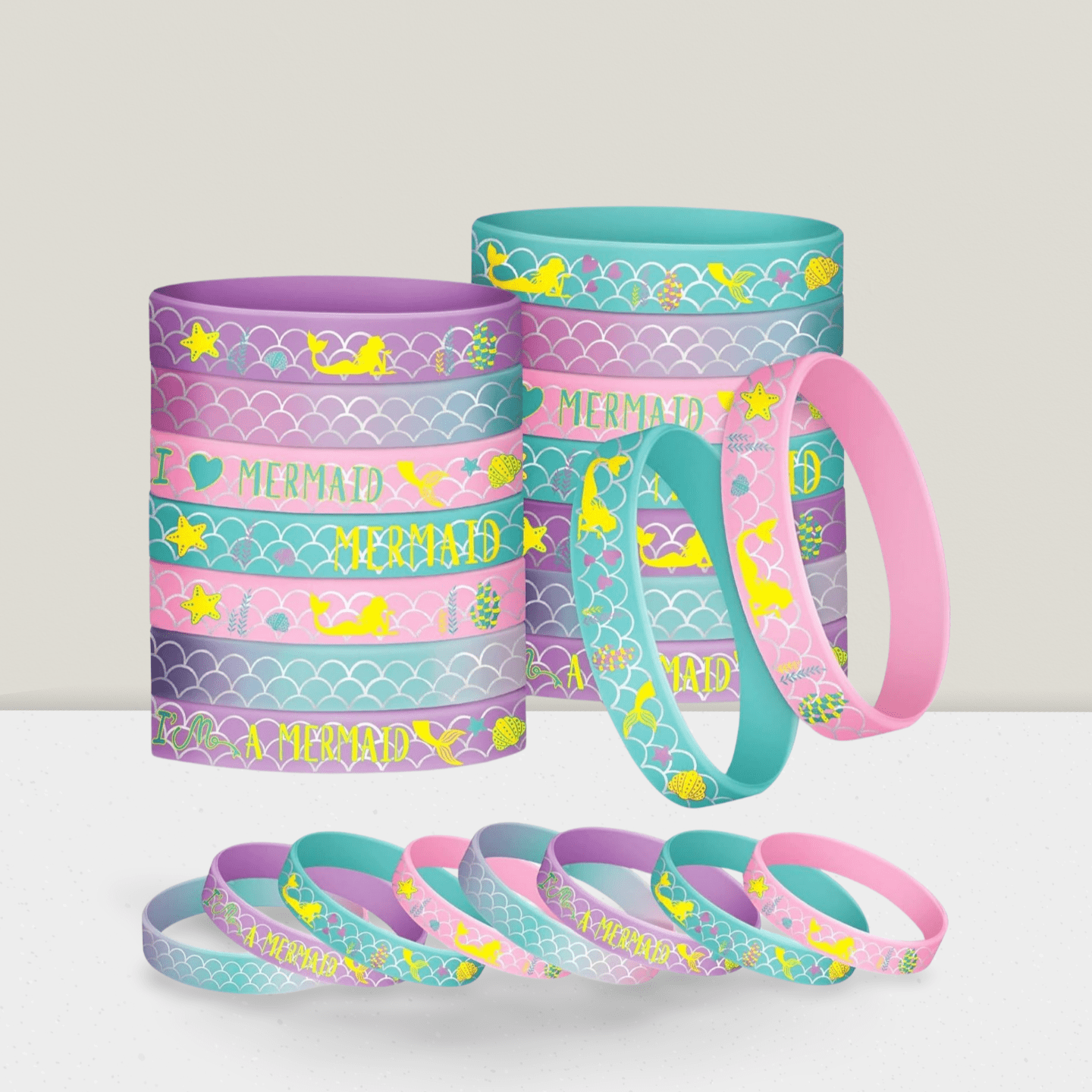 24-Pc Mermaid Silicone Wristbands Scale Bracelets for Birthday and Underwater Parties