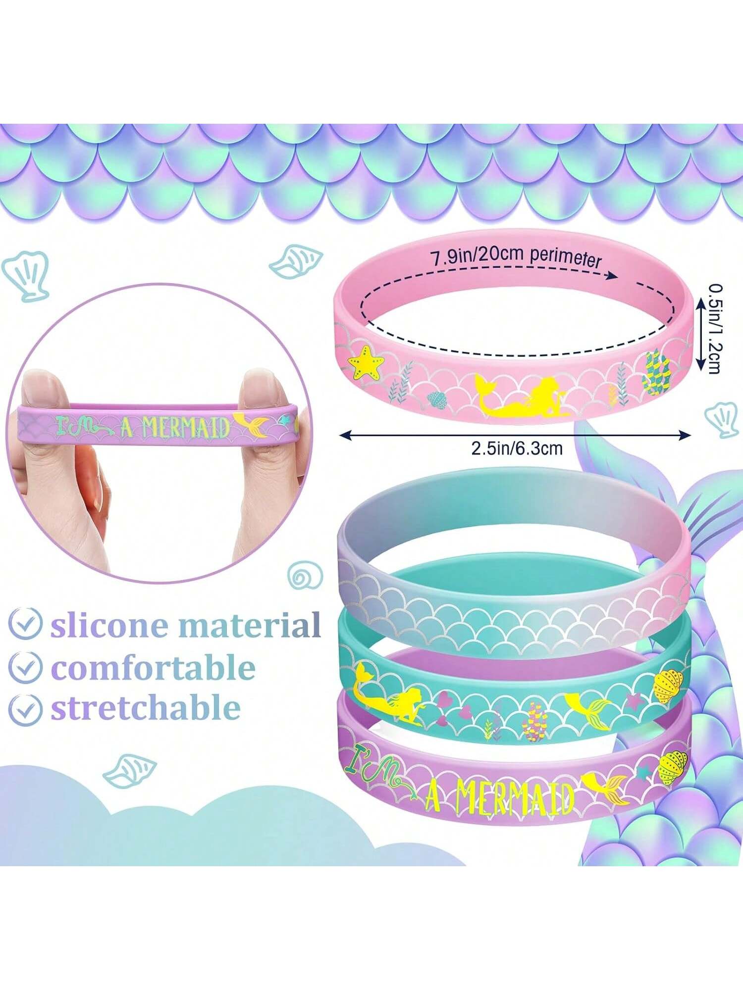 24-Pc Mermaid Silicone Wristbands Scale Bracelets for Birthday and Underwater Parties