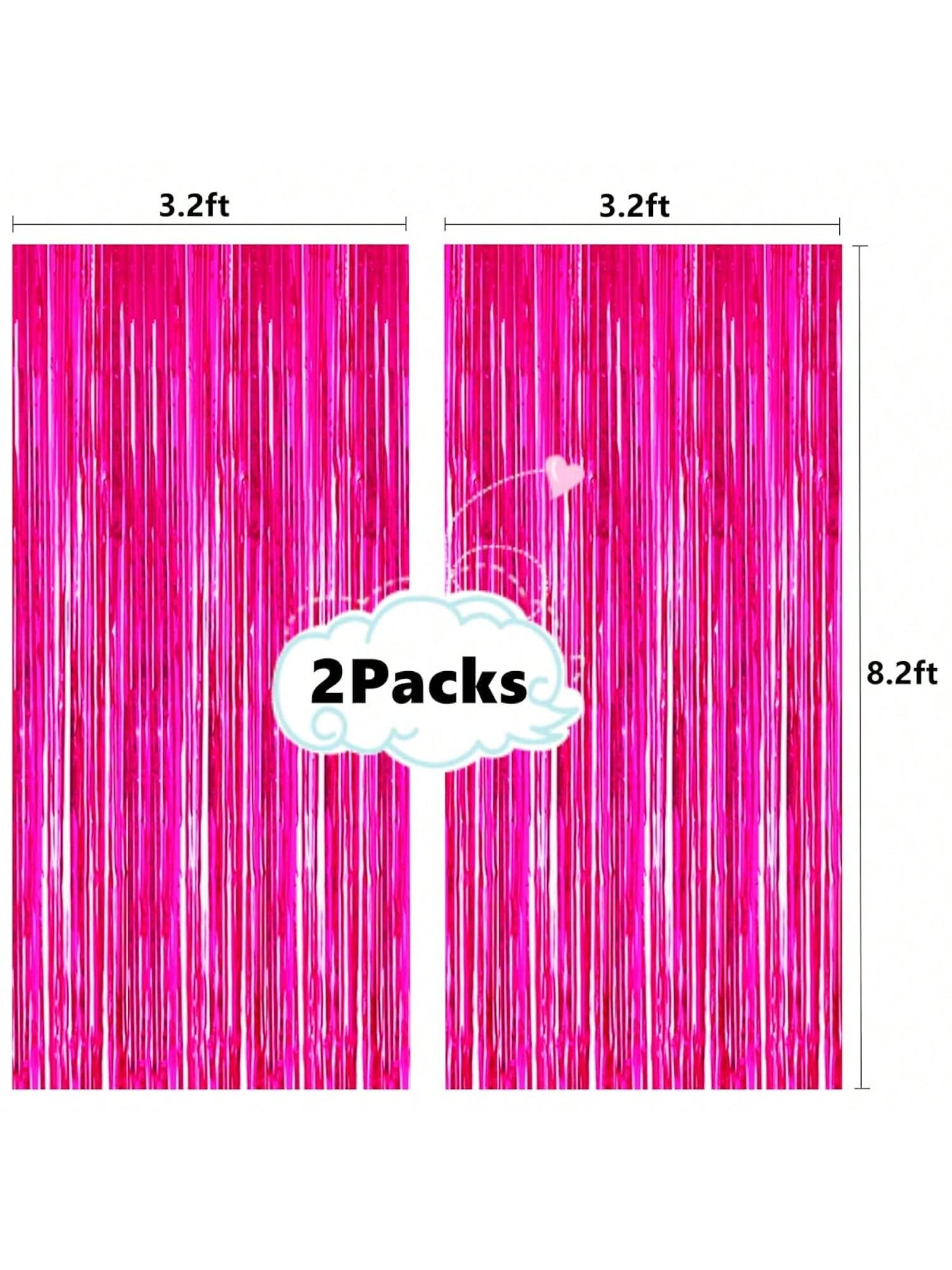 2-Pack Hot Pink Tinsel Foil Fringe Curtains 3.2x8.2ft for Party Backdrop