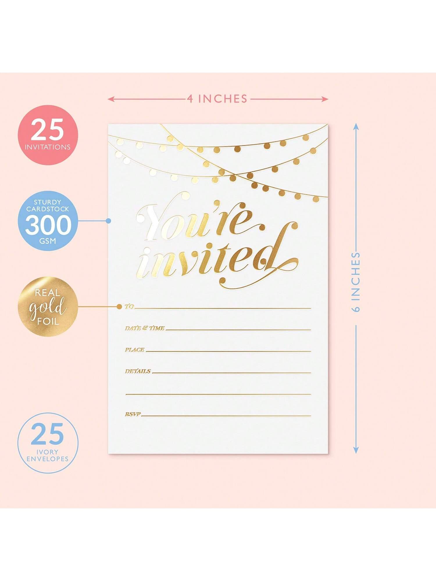 25-Pack Gold Foil Party Invitations 4x6 with Envelopes for Weddings and Birthdays