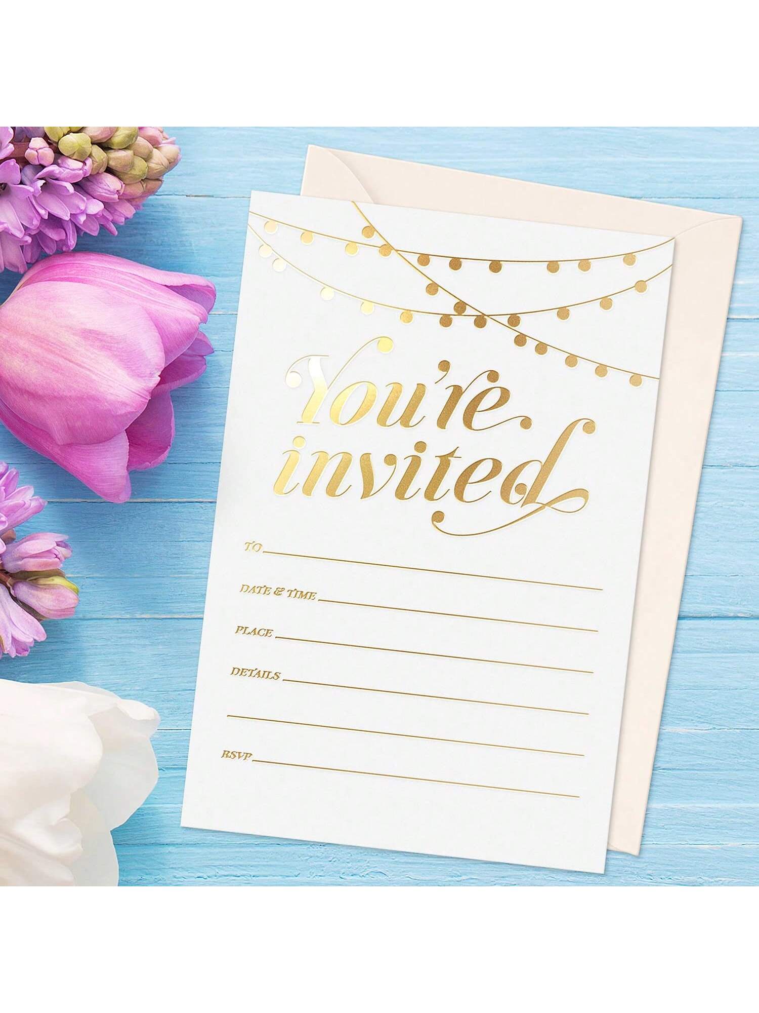 25-Pack Gold Foil Party Invitations 4x6 with Envelopes for Weddings and Birthdays