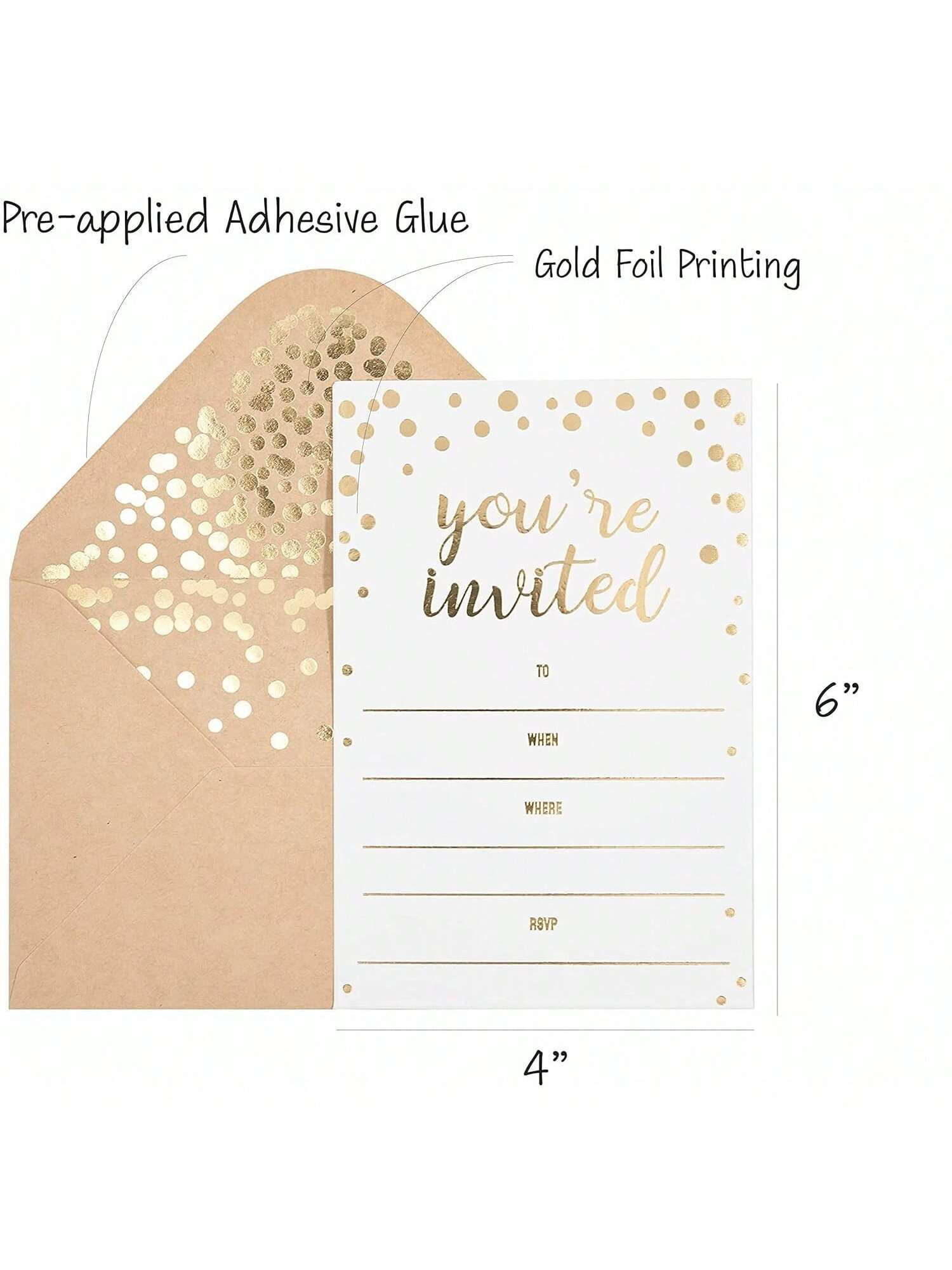 50-Pack Elegant Invitation Cards 4x6 Gold Foil Design with Envelopes
