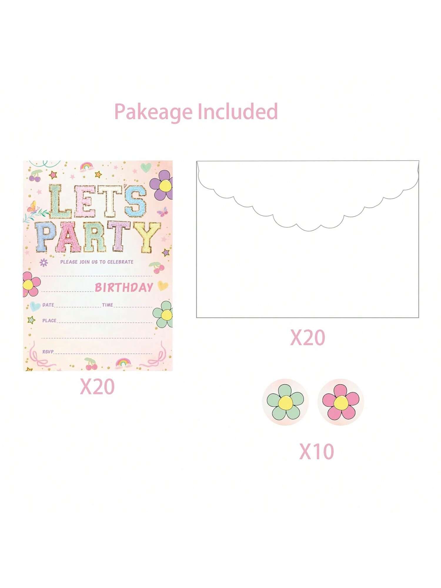 20-Pack Lets Party Birthday Invitations with Flower Design and Envelopes 6x4