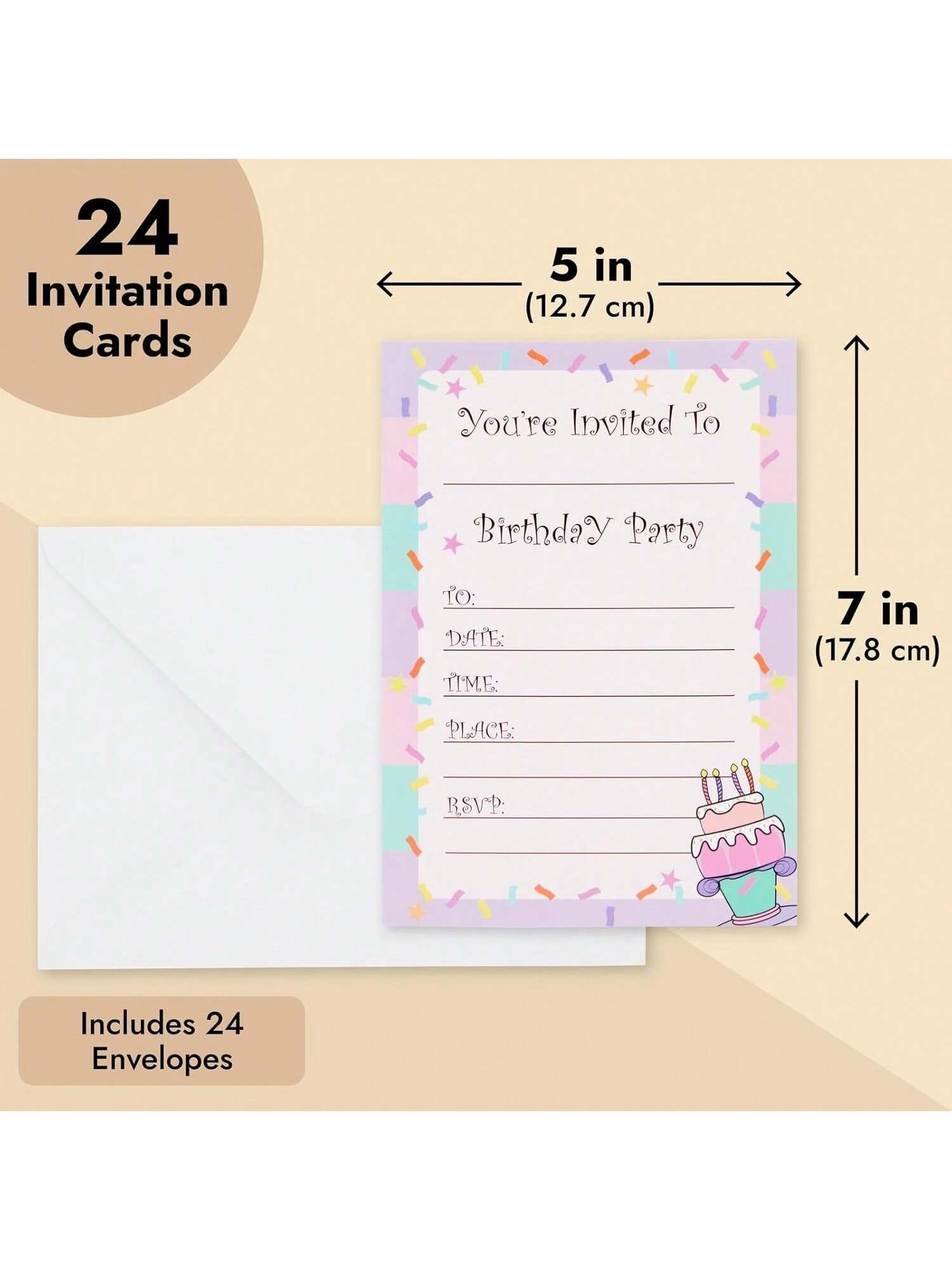 24-Pack Confetti Birthday Invitations 5x7 with Envelopes for Party Celebrations