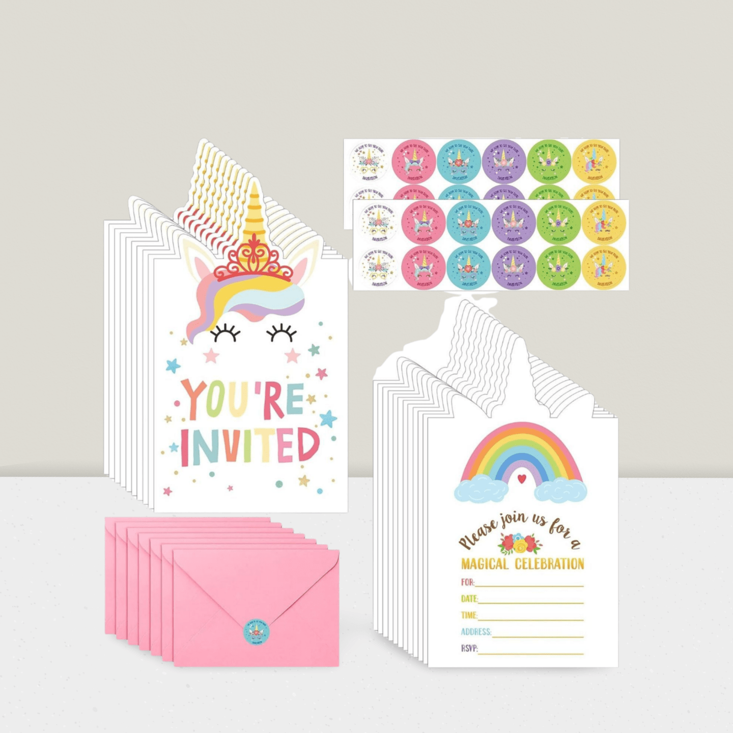 24-Pack Unicorn Birthday Invitations with Envelopes and Stickers for Party