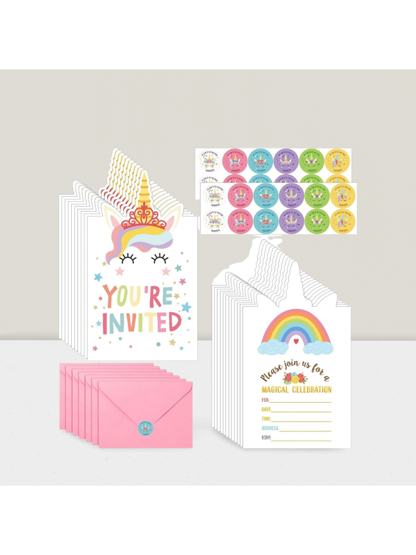 24-Pack Unicorn Birthday Invitations with Envelopes and Stickers for Party