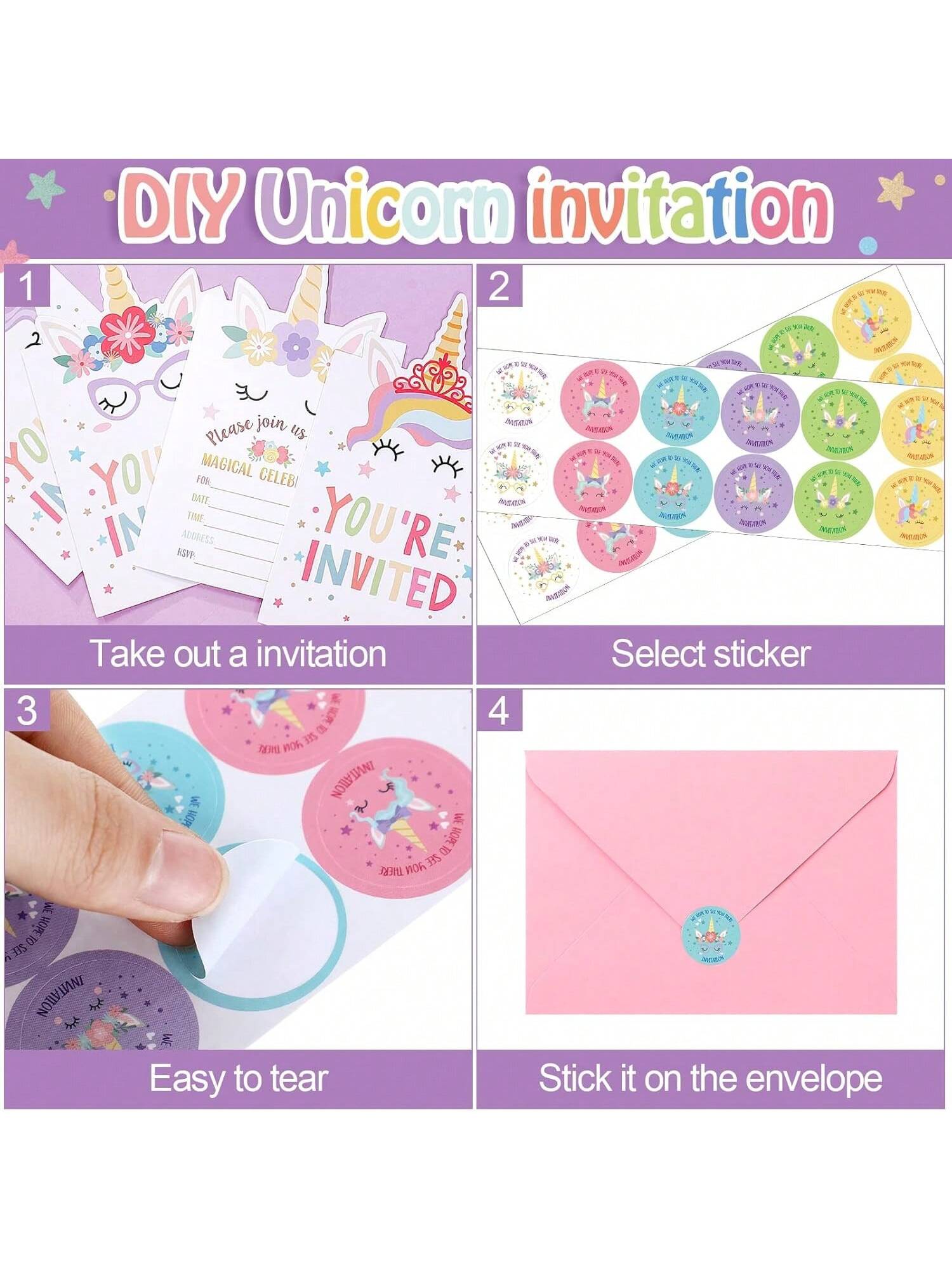 24-Pack Unicorn Birthday Invitations with Envelopes and Stickers for Party