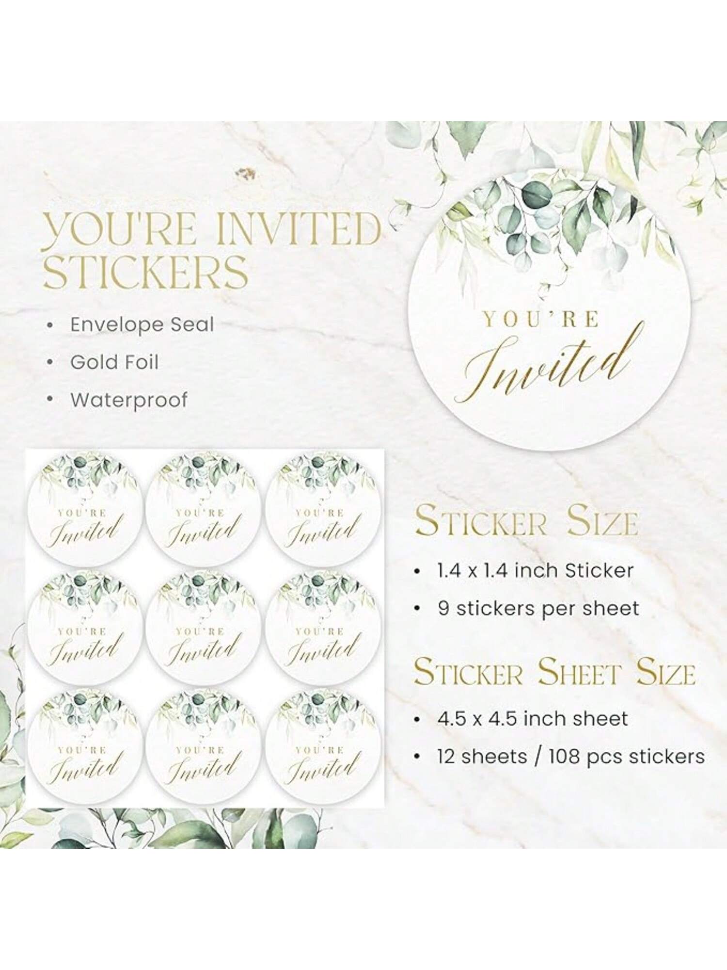108-Pack Greenery Wedding Invitation Stickers (1.4") – Gold Foil Waterproof Envelope Seals For Weddings, Bridal Showers, Birthdays & Parties!,