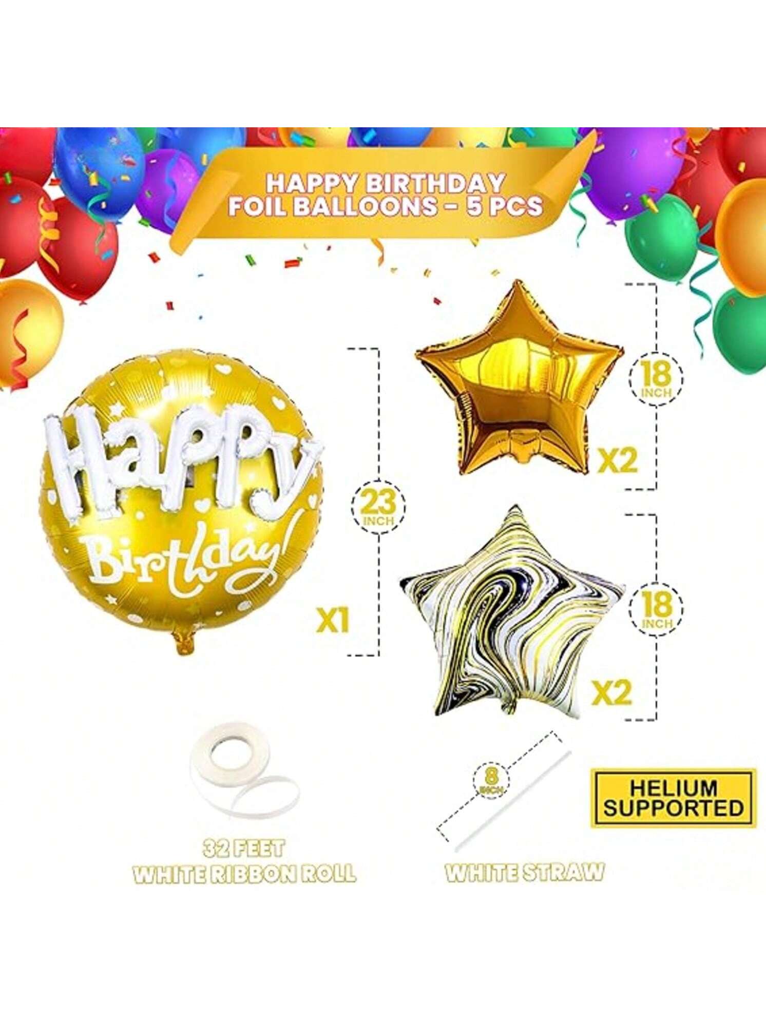 5-Pack Gold Happy Birthday Mylar Balloons for Black & Gold Parties