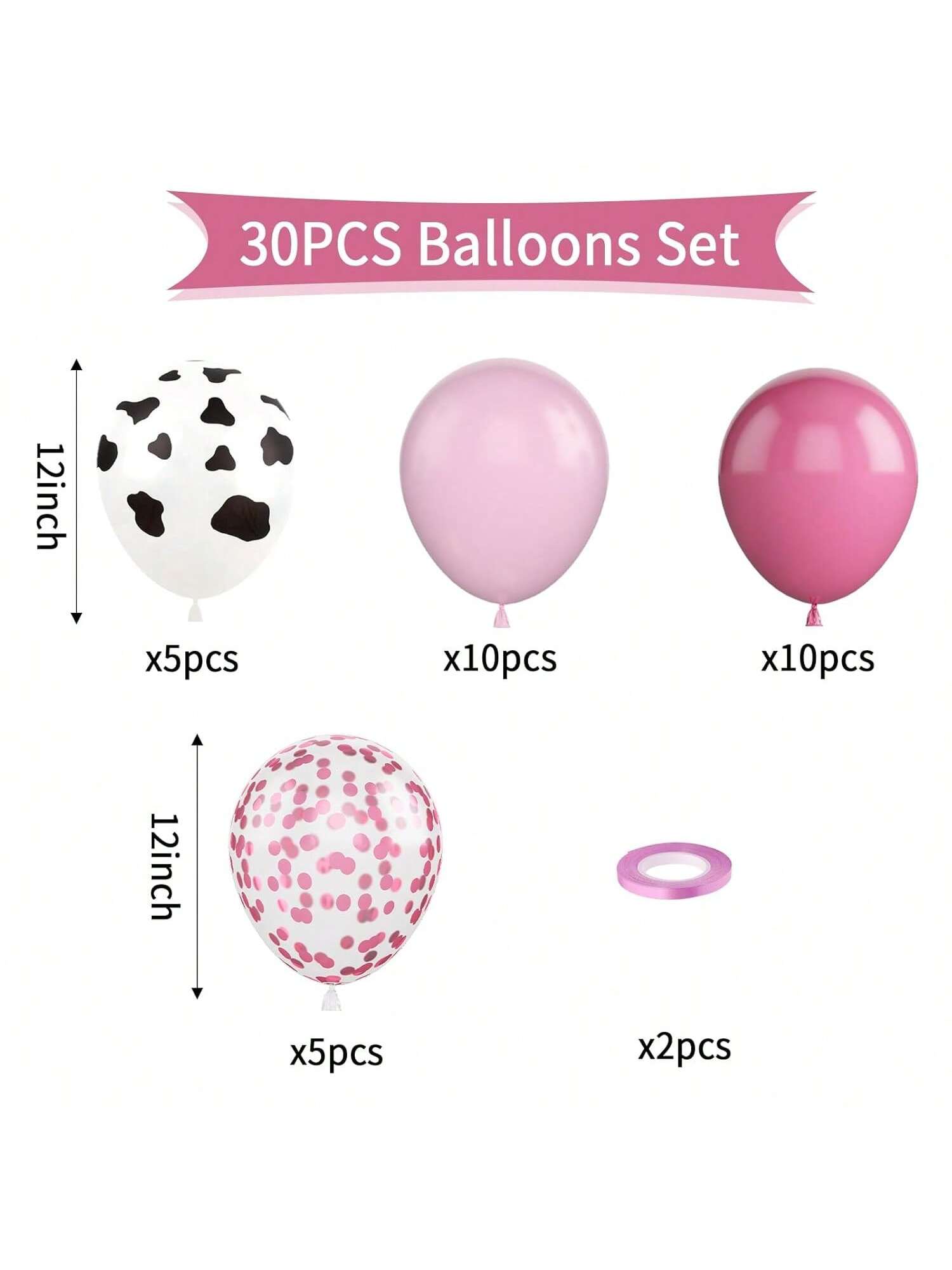 30PCS Pink Cow 12 Inch Latex Balloons Hot Light Confetti Cow Print Party Decor
