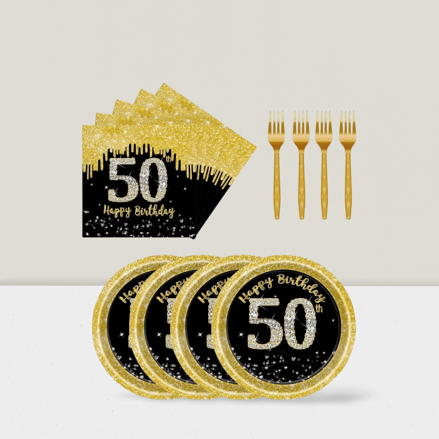 72-Piece Black and Gold 50th Birthday Tableware Set with Plates and Napkins