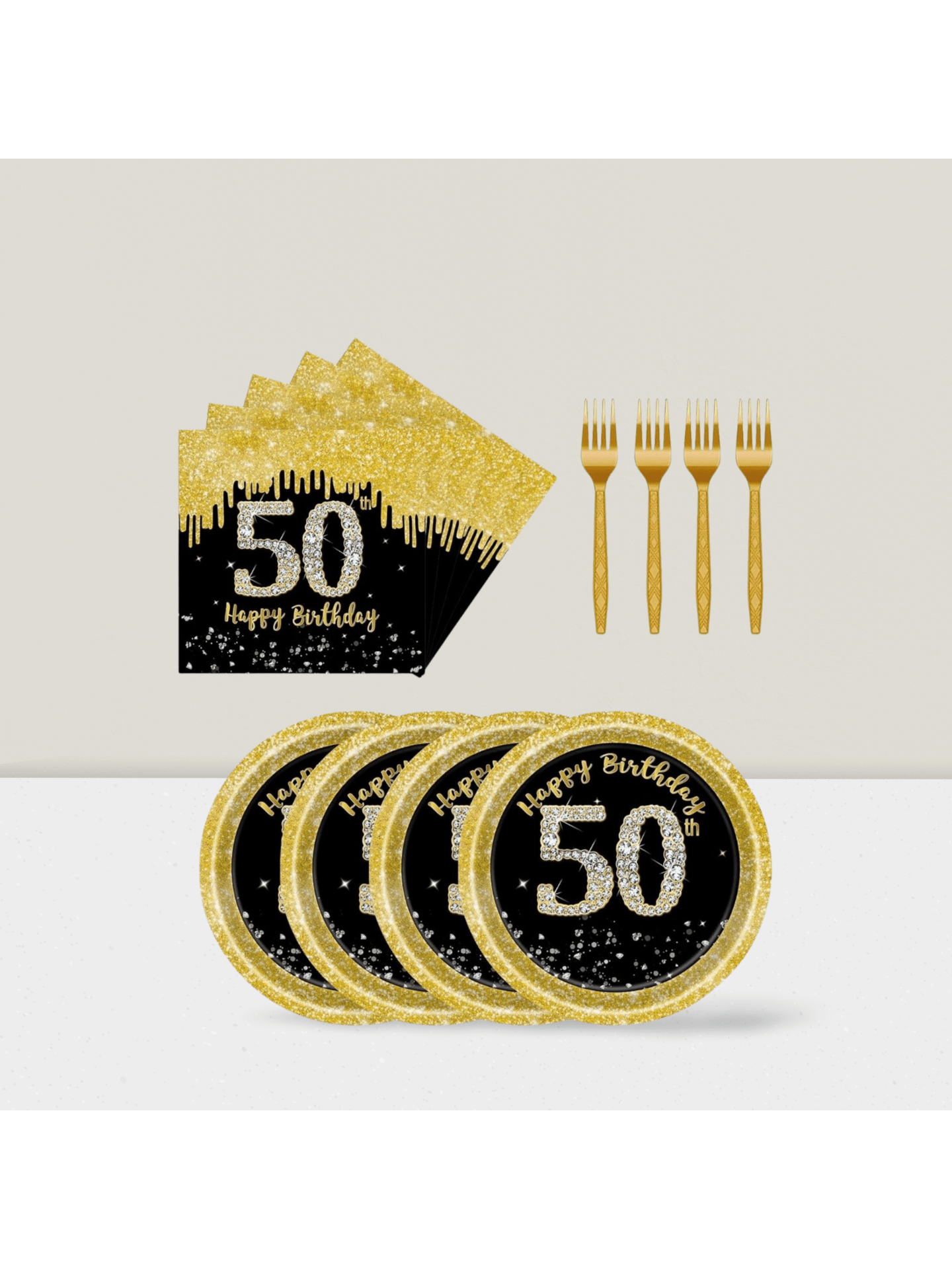 72-Piece Black and Gold 50th Birthday Tableware Set with Plates and Napkins