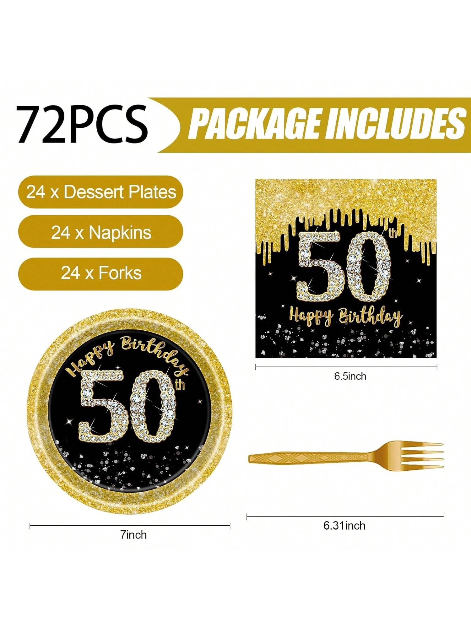 72-Piece Black and Gold 50th Birthday Tableware Set with Plates and Napkins