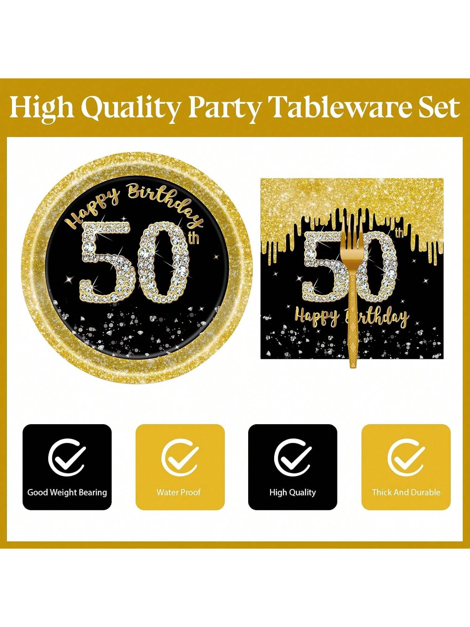 72-Piece Black and Gold 50th Birthday Tableware Set with Plates and Napkins