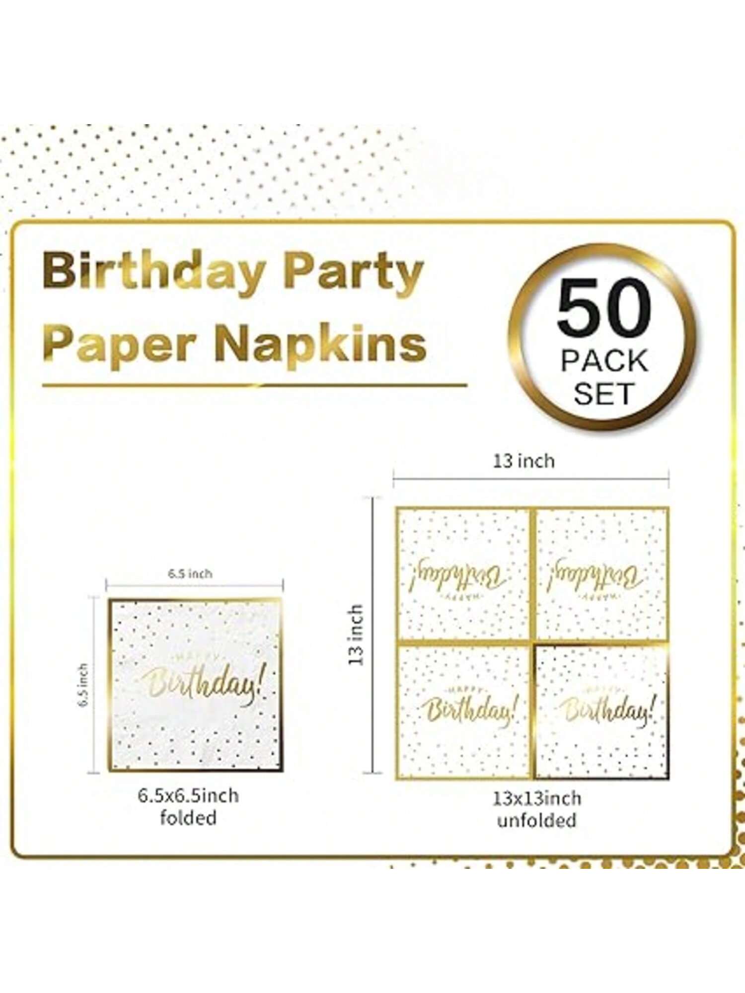 50-Pack 6.5x6.5 Birthday Napkins 3-Ply Disposable with Gold Accents