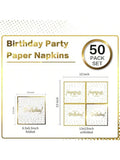 50-Pack 6.5x6.5 Birthday Napkins 3-Ply Disposable with Gold Accents