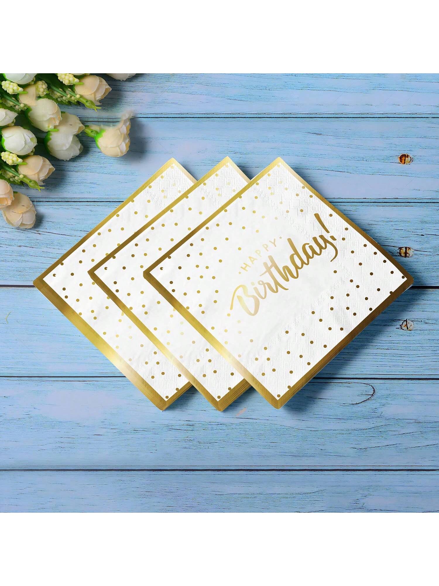 50-Pack 6.5x6.5 Birthday Napkins 3-Ply Disposable with Gold Accents