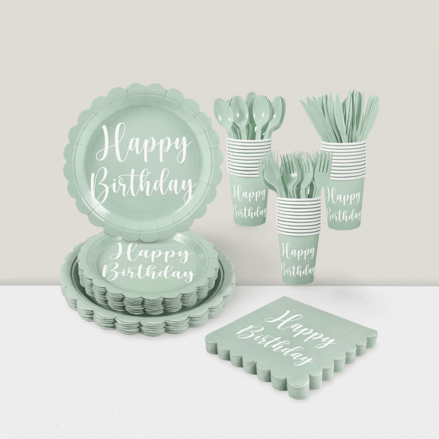 175-Piece Sage Green Birthday Tableware Set Plates and Napkins for 25 Guests
