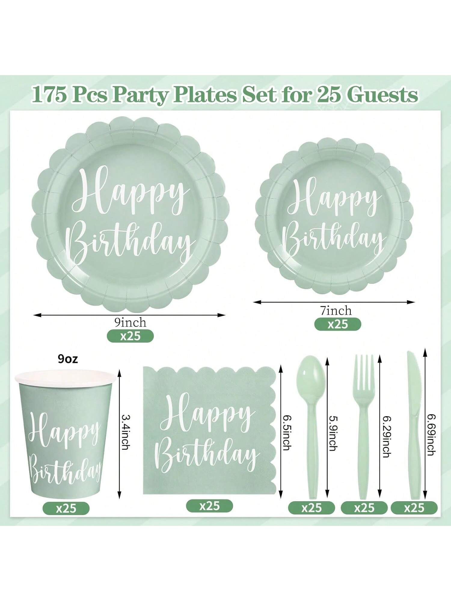 175-Piece Sage Green Birthday Tableware Set Plates and Napkins for 25 Guests