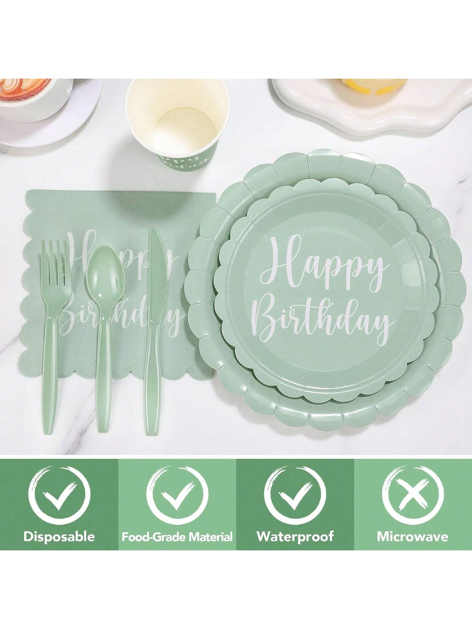 175-Piece Sage Green Birthday Tableware Set Plates and Napkins for 25 Guests