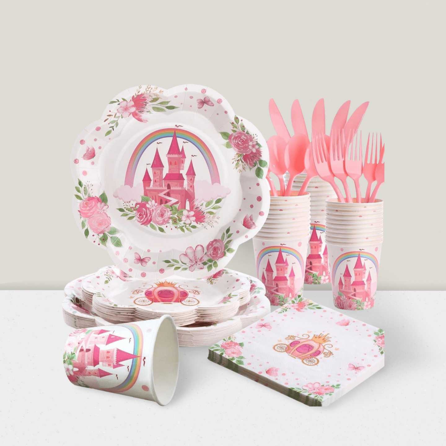 175-Piece Princess Birthday Tableware Set Pink White Plates and Napkins