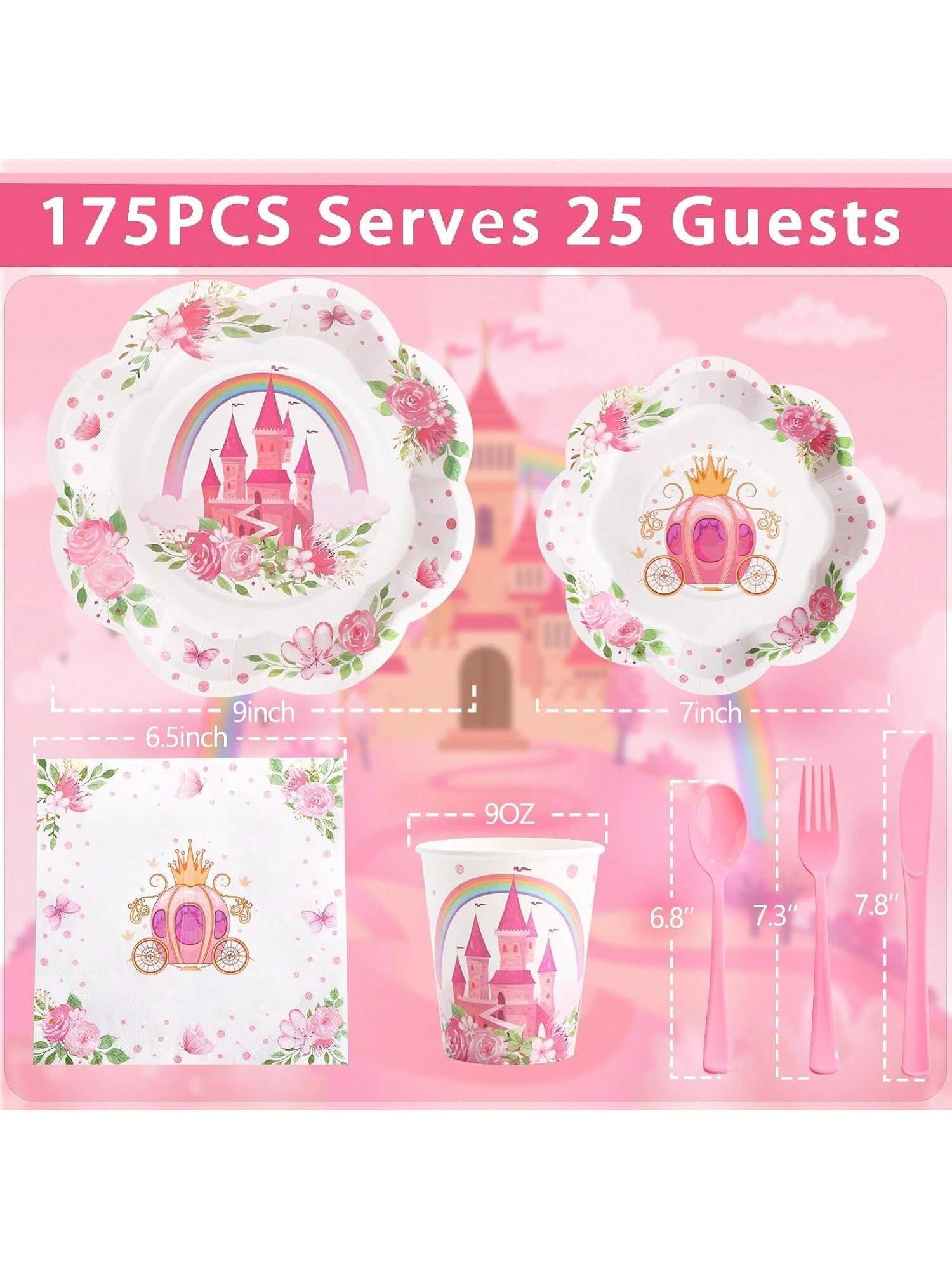 175-Piece Princess Birthday Tableware Set Pink White Plates and Napkins