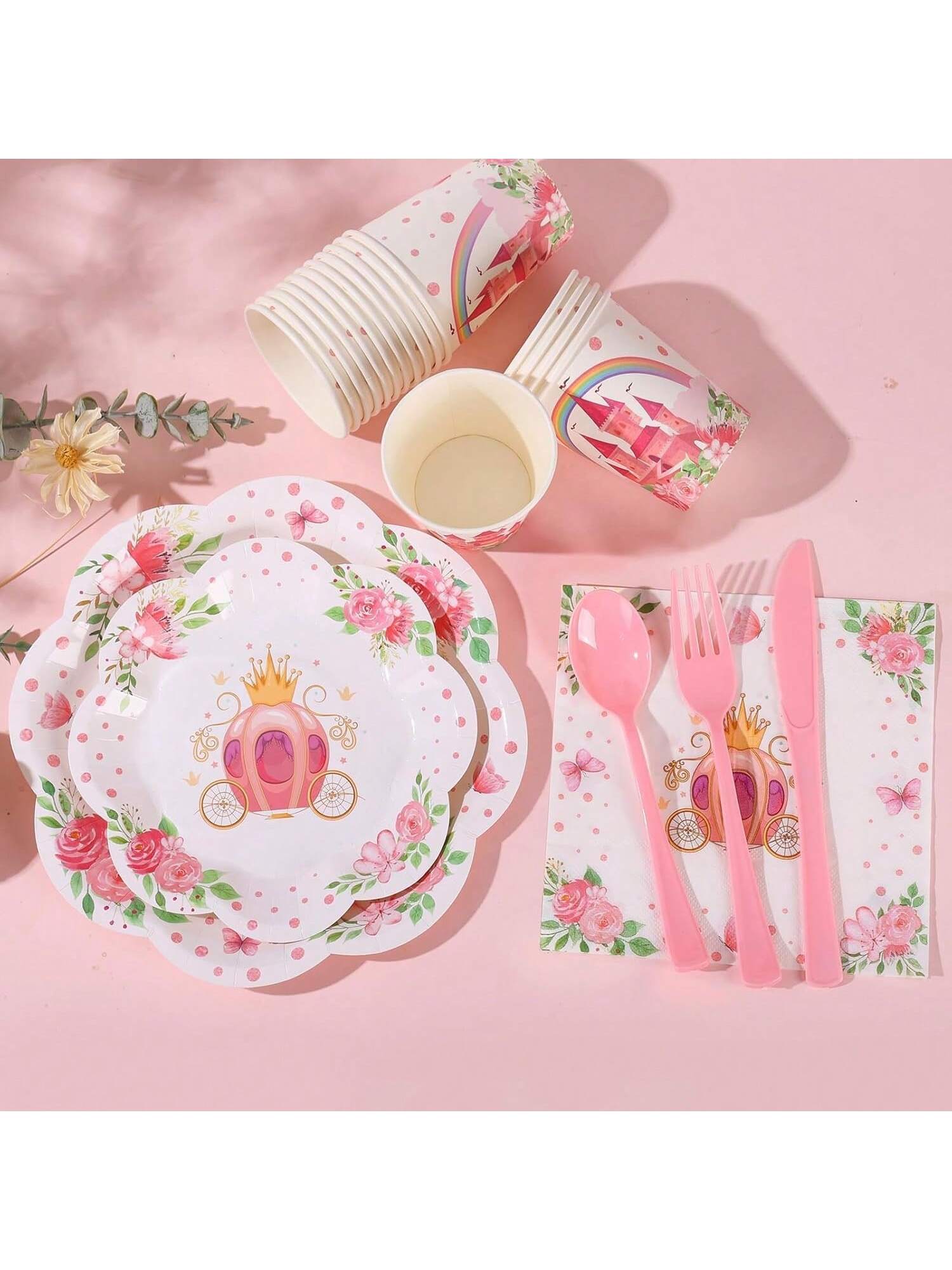 175-Piece Princess Birthday Tableware Set Pink White Plates and Napkins