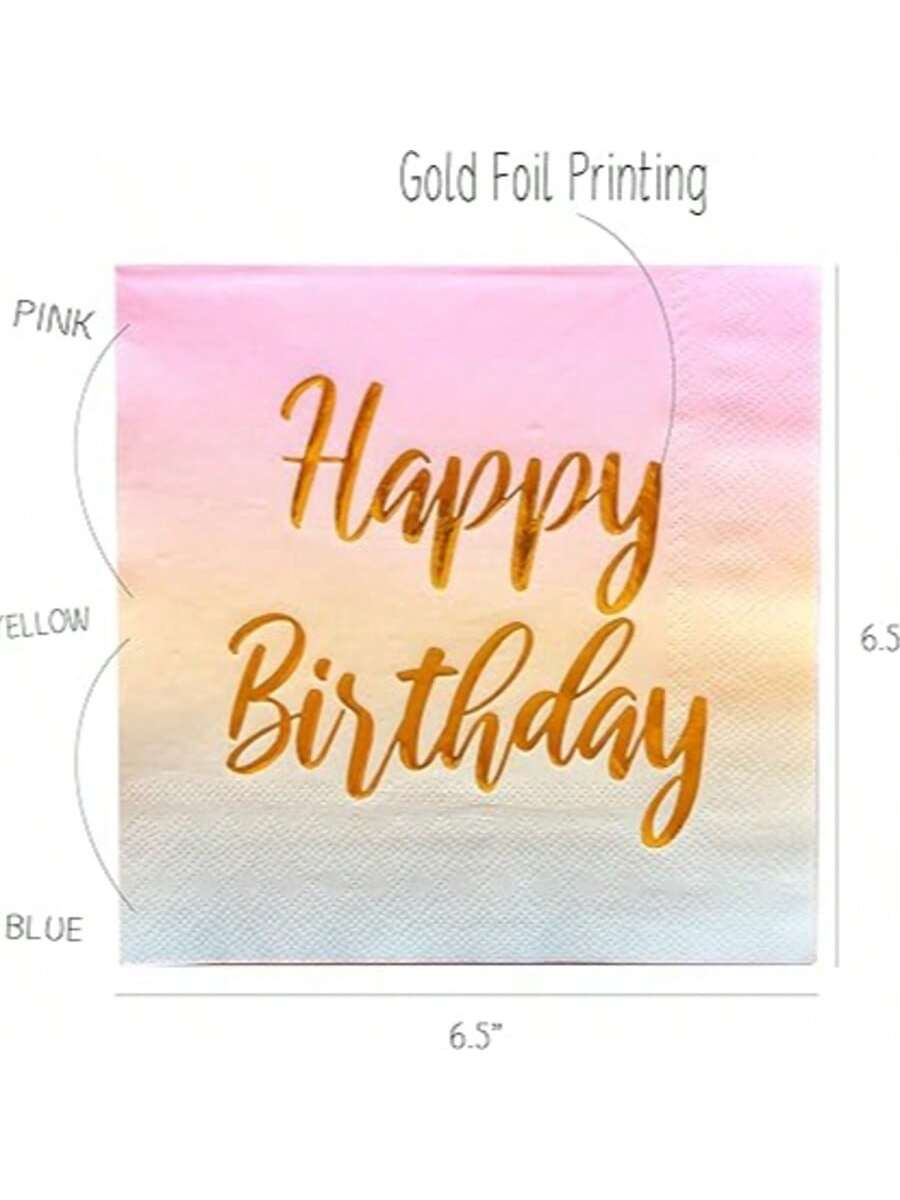 50PCS Pastel Ombre Birthday Napkins 6.5 Inch Disposable Gold Foil Party Supplies