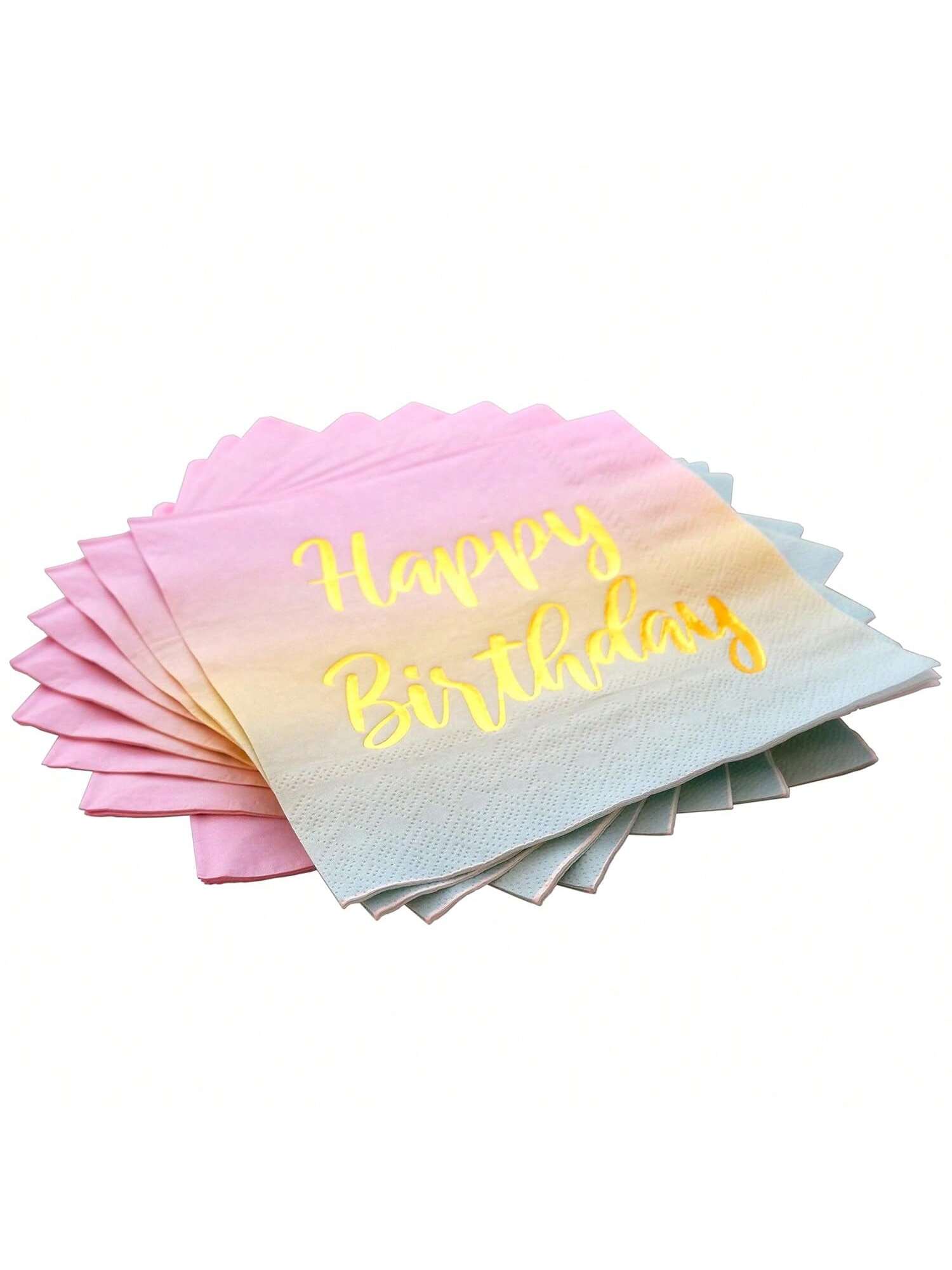 50PCS Pastel Ombre Birthday Napkins 6.5 Inch Disposable Gold Foil Party Supplies