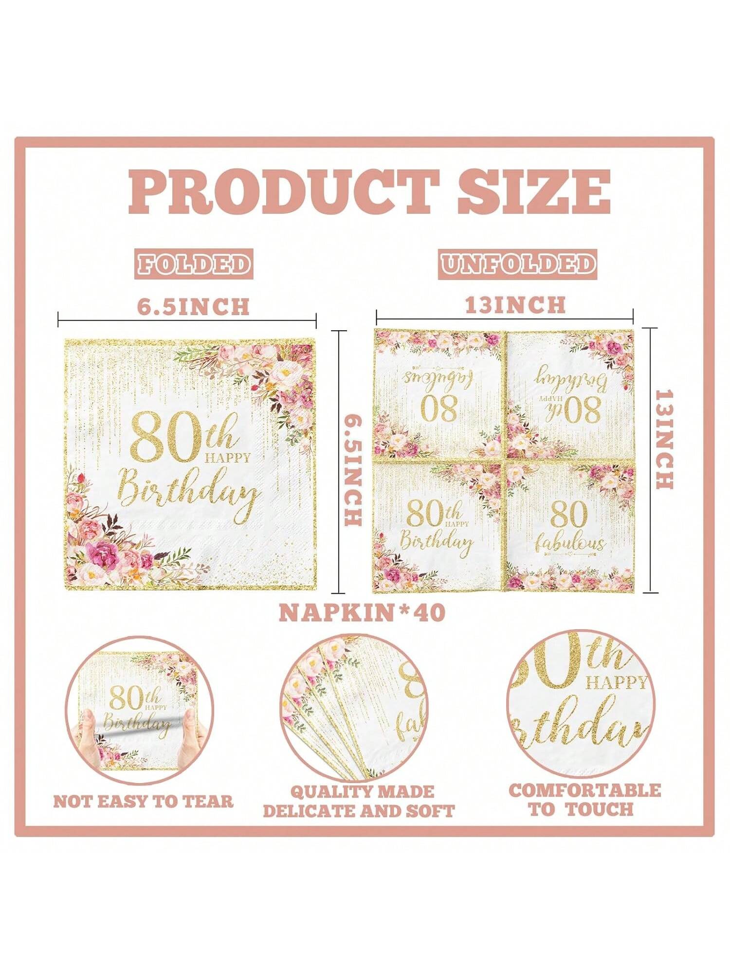 40pcs Rose Gold 80th Birthday Disposable Napkins Happy 80th Party Decor