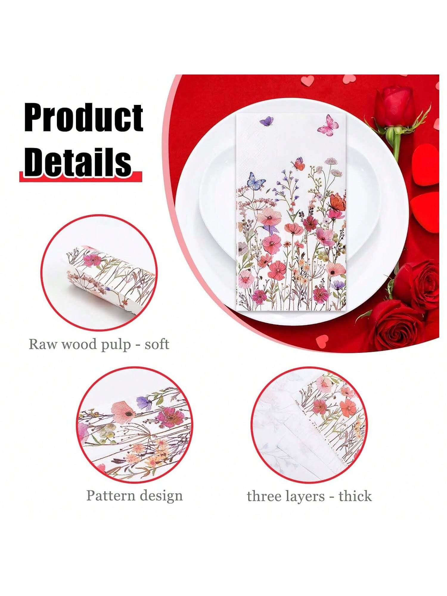 50-Piece Spring Floral 3-Ply Guest Napkins for Weddings Birthdays and Parties