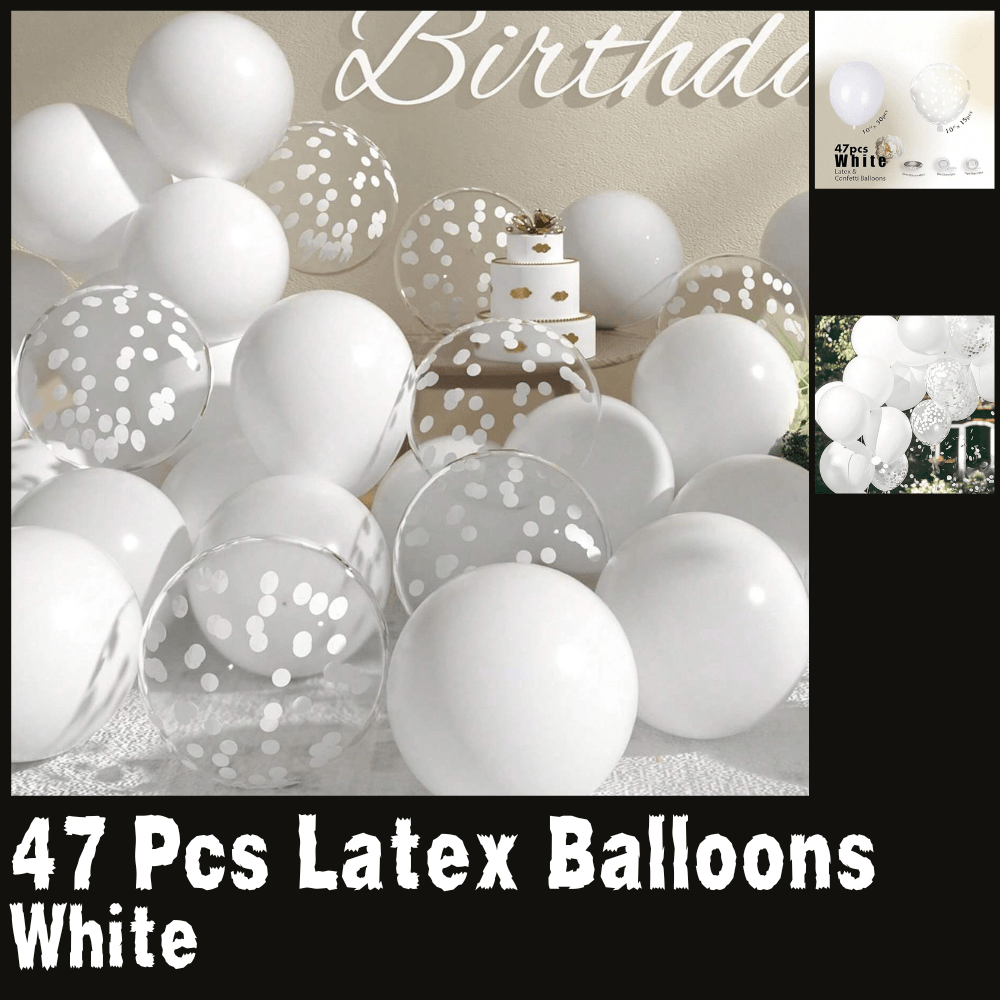 47 Pc White and Confetti Latex Balloons for Birthday Anniversary and Party Decor
