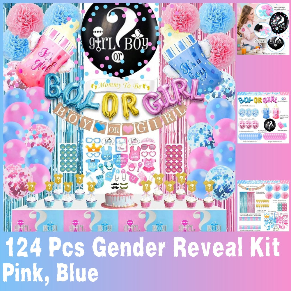 124PCS Gender Reveal Party Decorations Kit Balloons Pompoms and Tablecloth Set