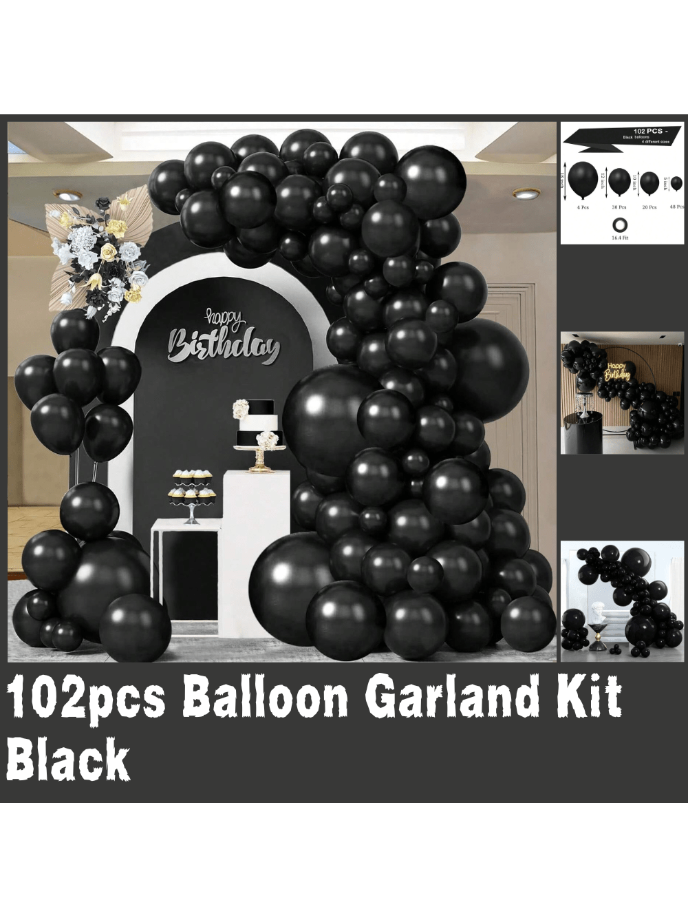 102 Pc Black Balloon Garland Kit 5-18 Inch for Birthday Graduation Wedding Parties