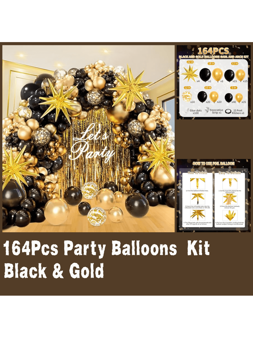 Black Gold Balloons with Star & Confetti for Graduation Party Decor