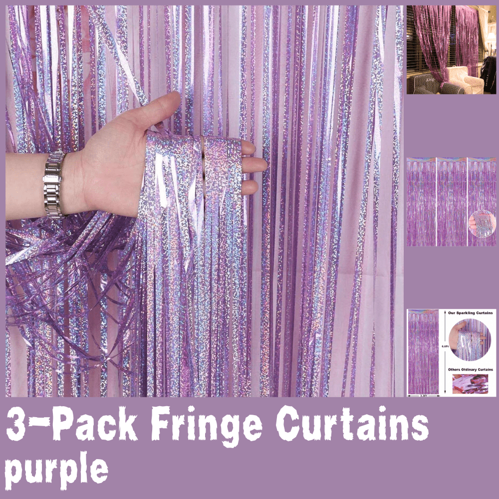 3-Pack Purple Tinsel Fringe Curtains for Parties Weddings and Photo Booths