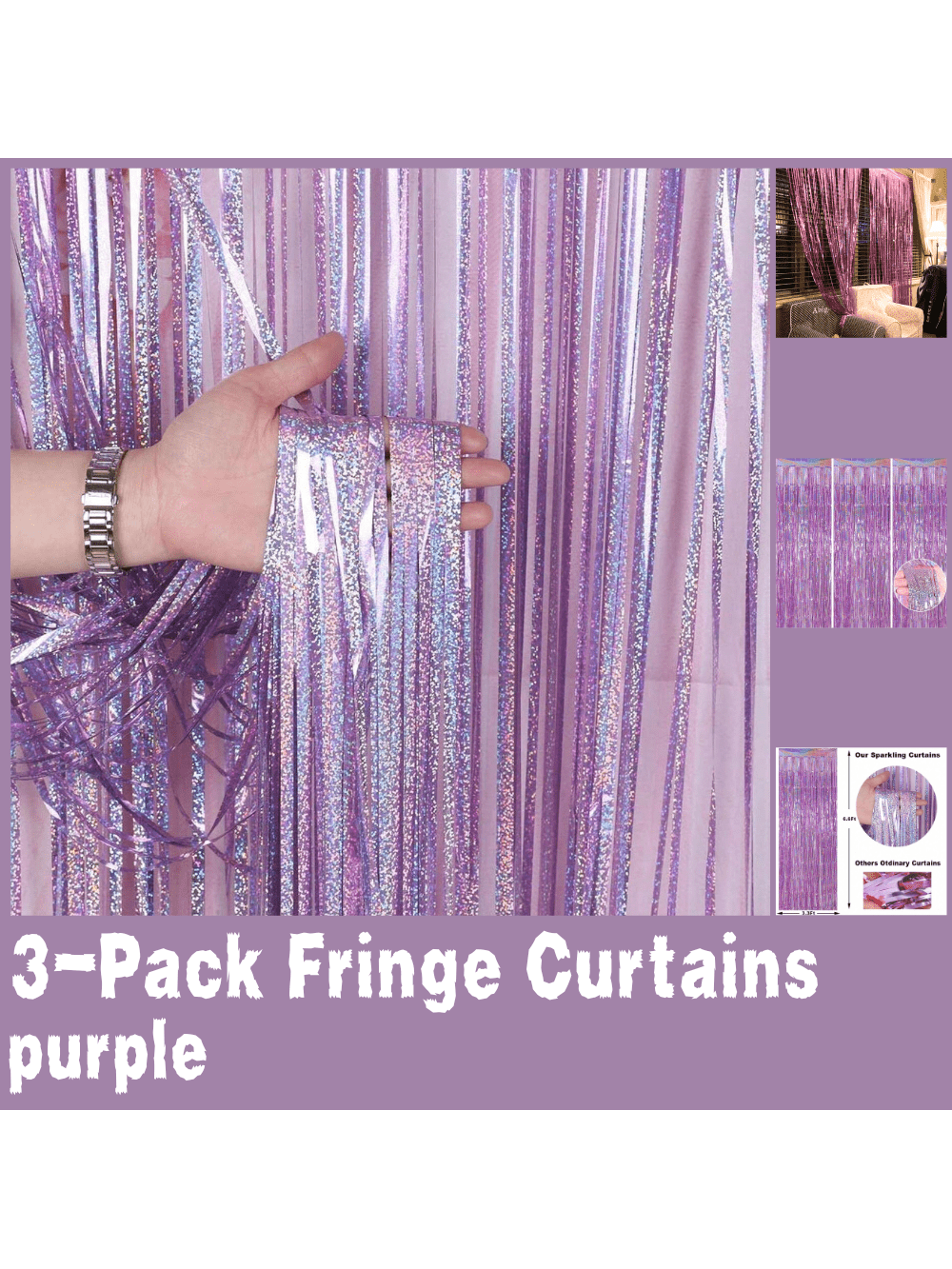 3-Pack Purple Tinsel Fringe Curtains for Parties Weddings and Photo Booths