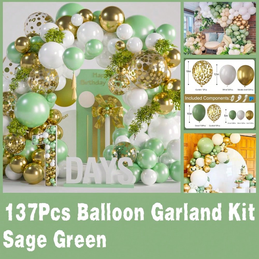 137PCS Sage Green Gold Balloon Arch Kit For Wedding, Shower & Bday Decor